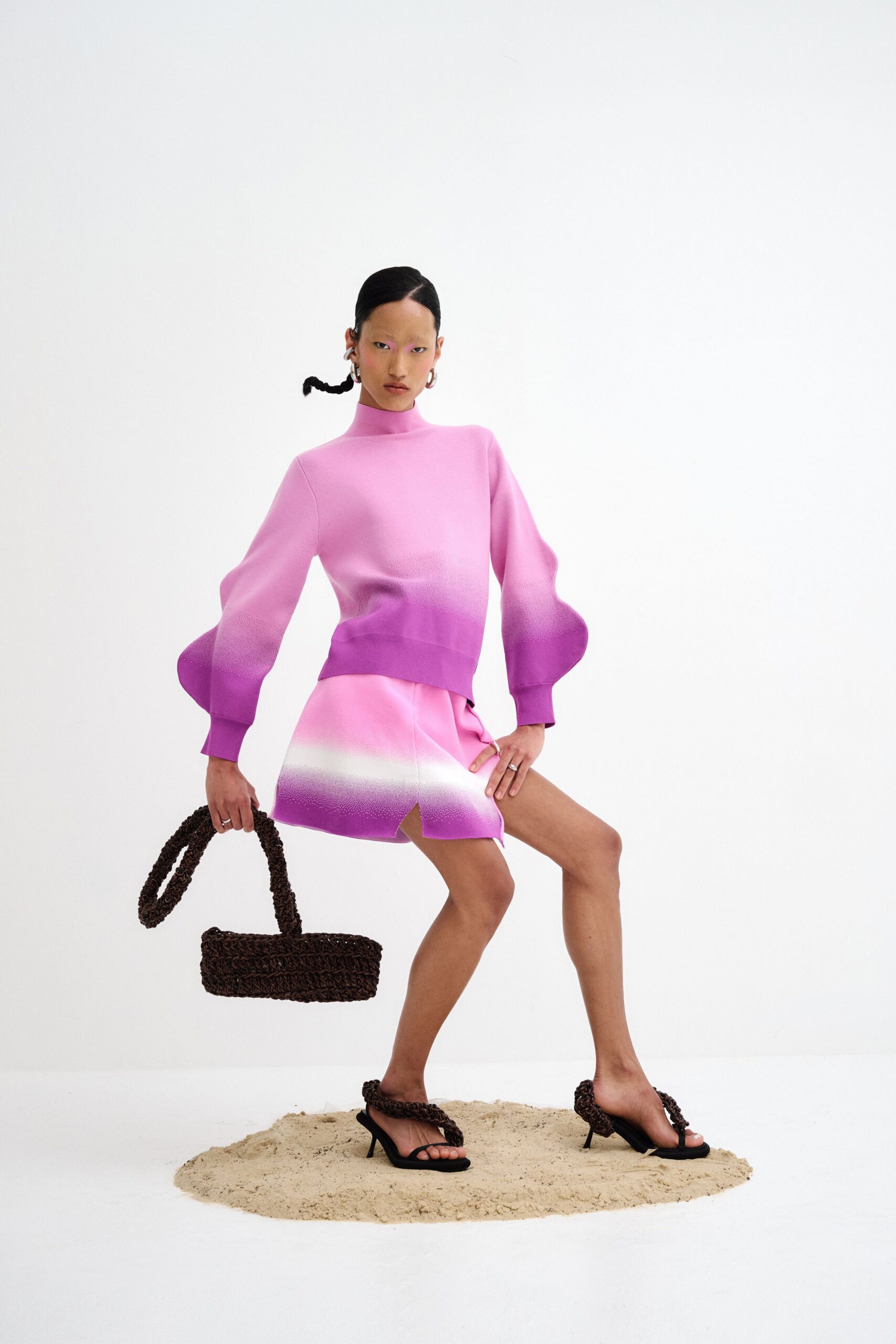 pink and purple color-blocked top with mini skirt