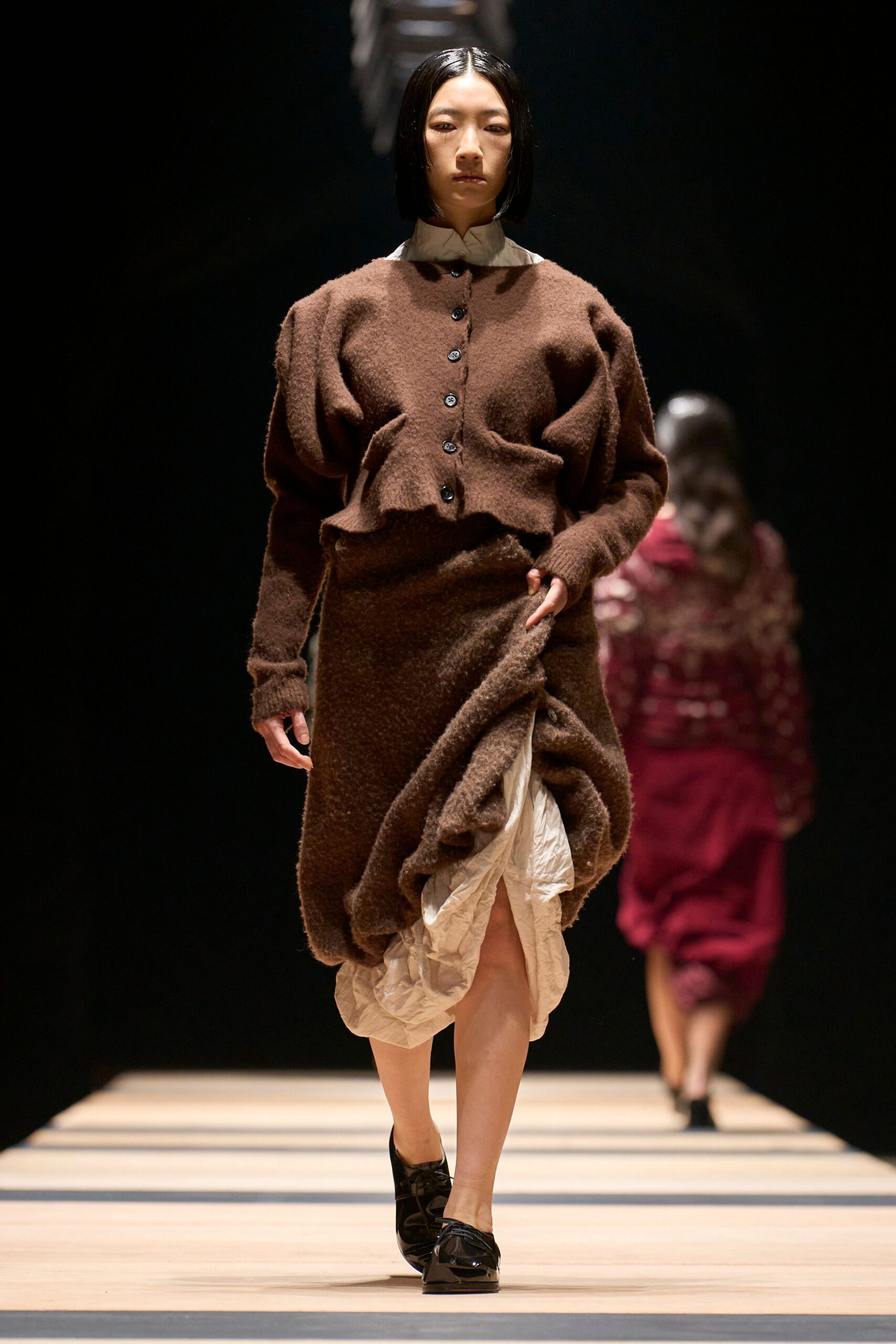 brown wool long-sleeve collared oversized buttoned top