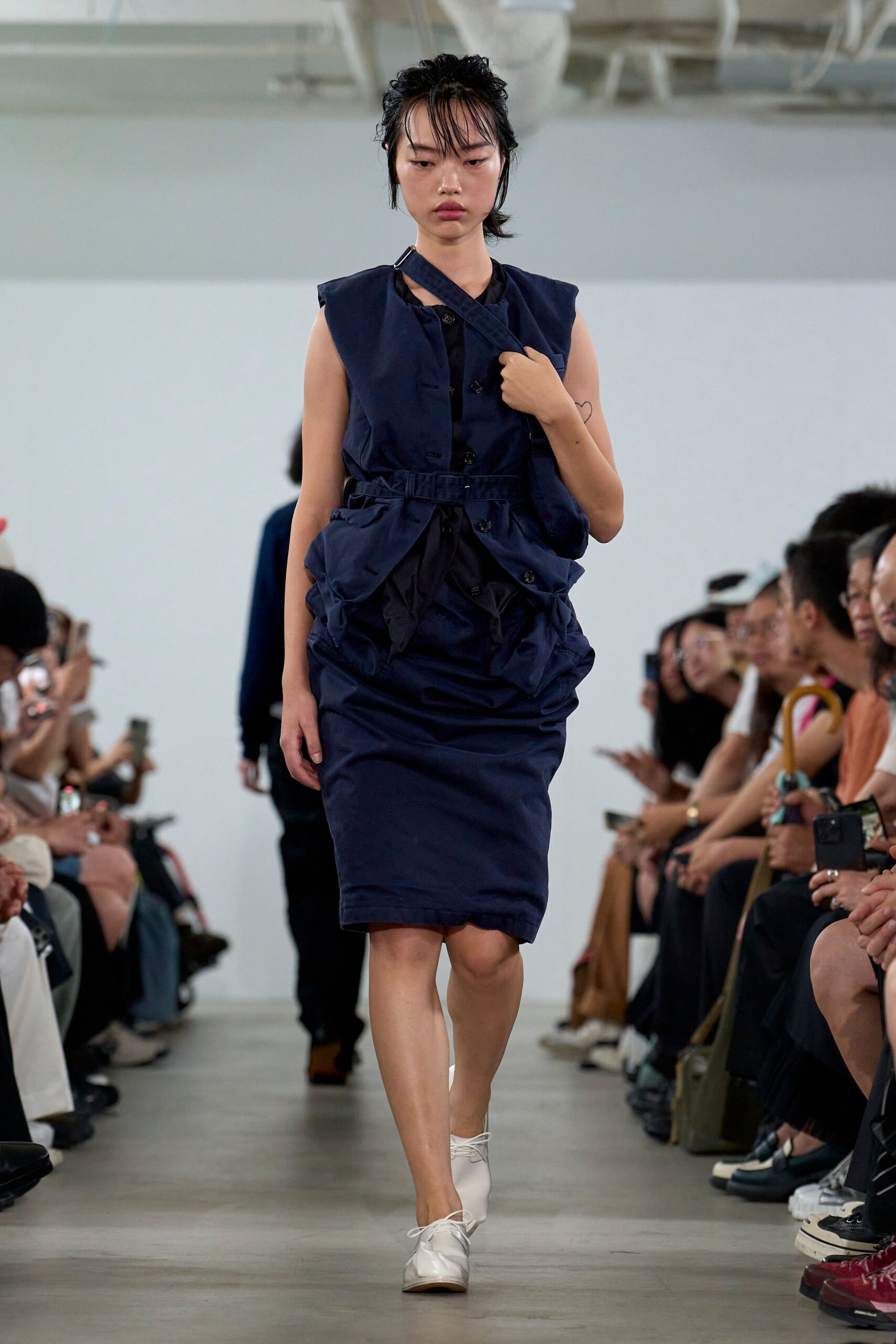 blue cotton sleeveless v-neck fitted pleated midi dress