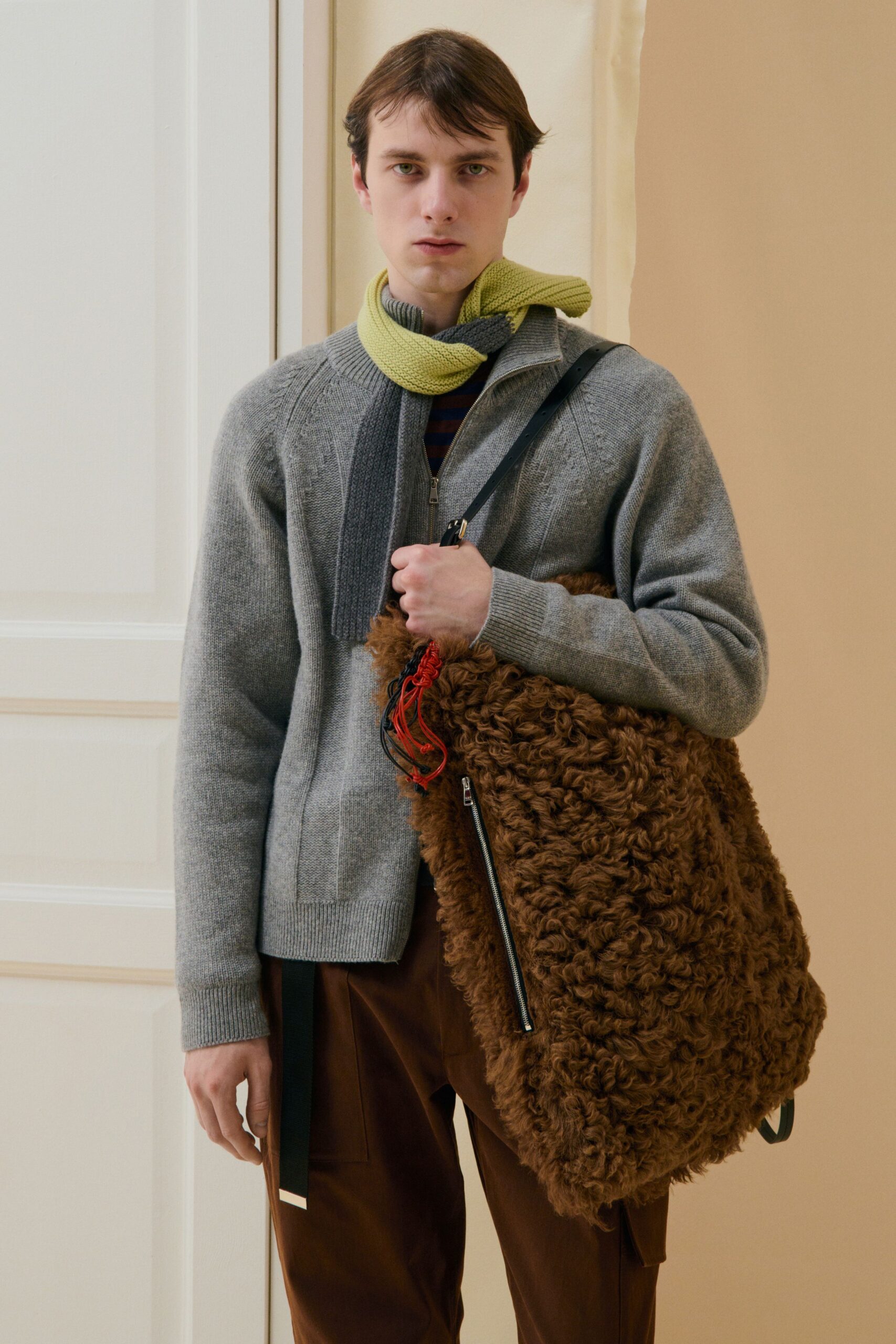 gray wool long-sleeve collared fitted zippered sweater