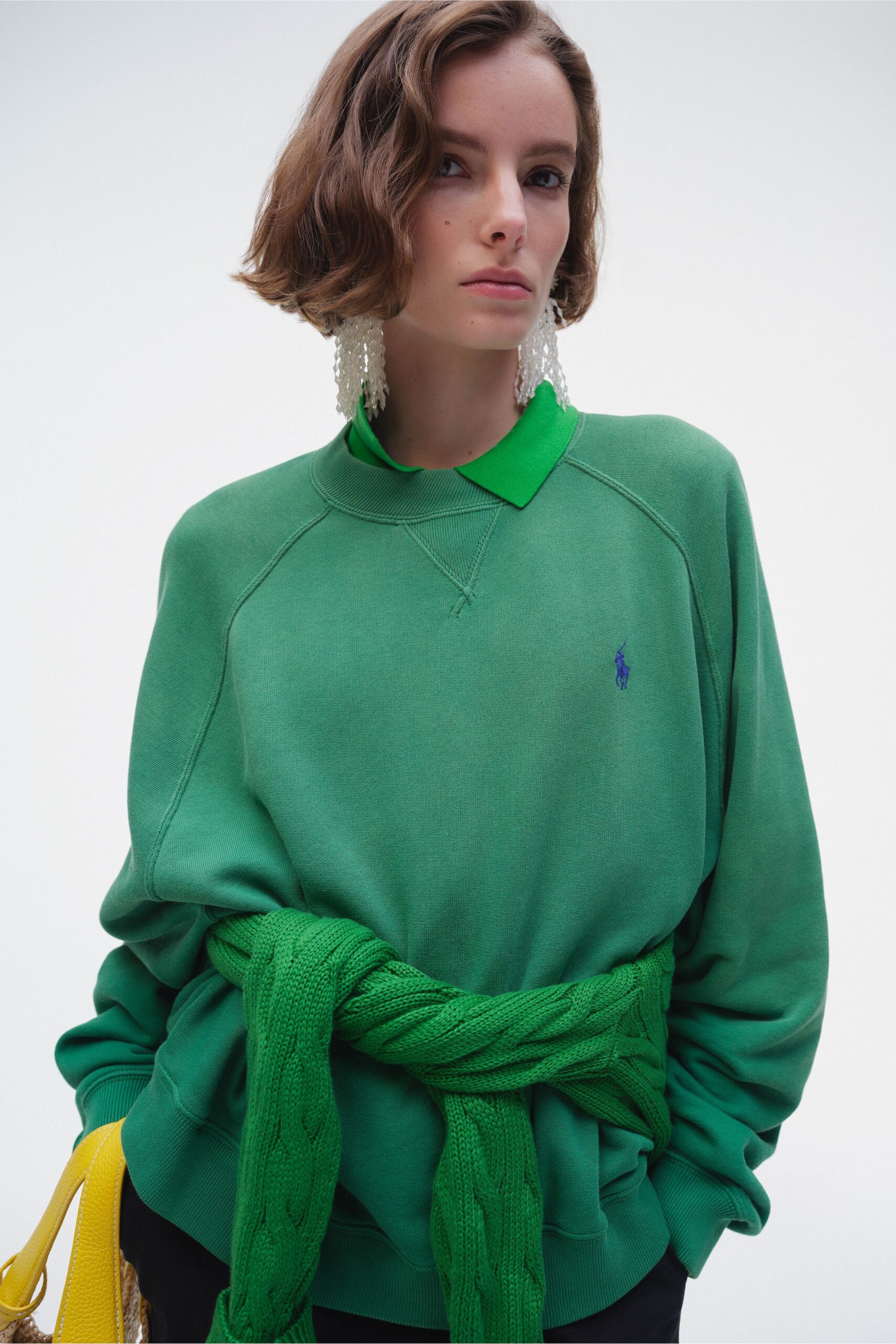 green cotton short-sleeve collared fitted top