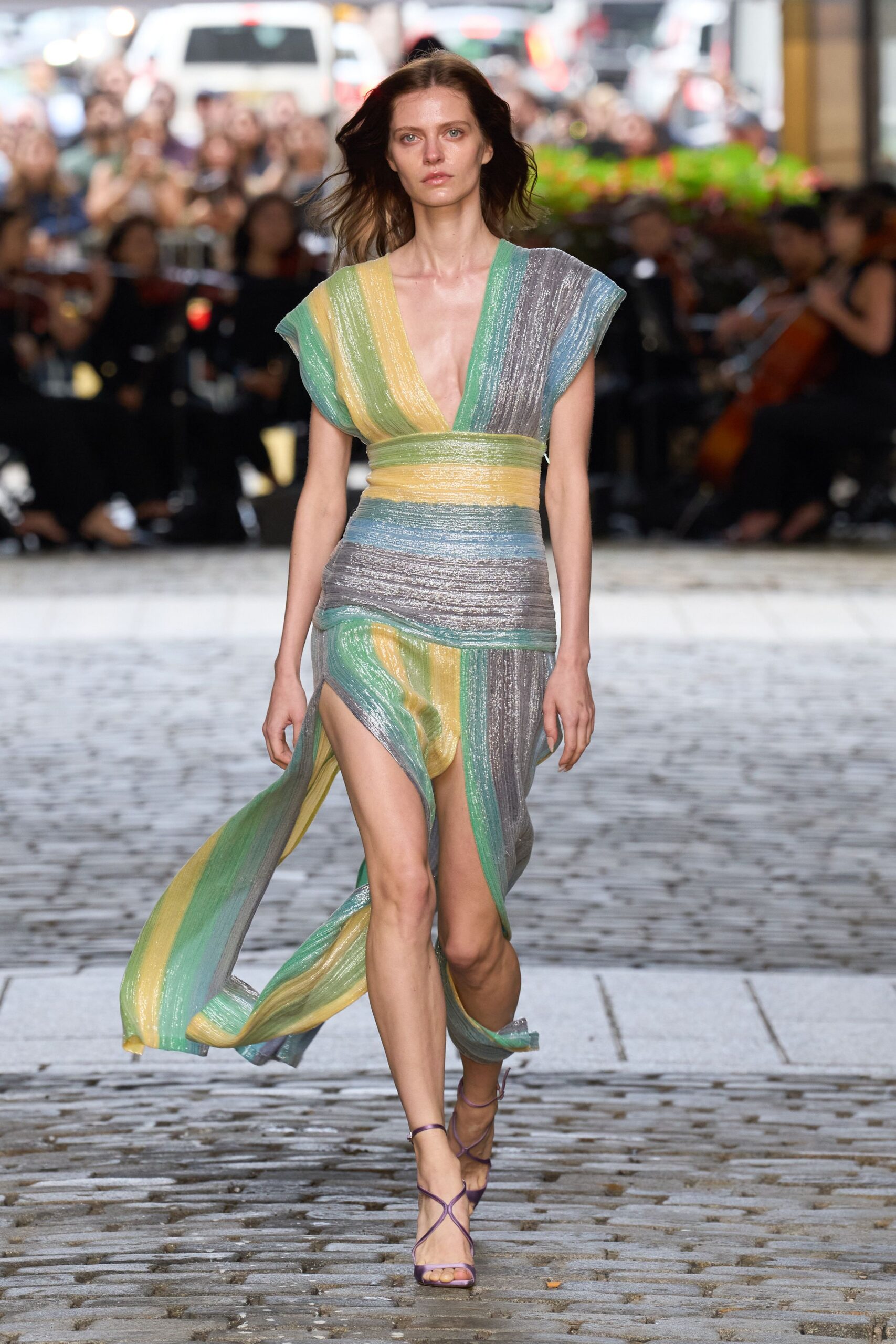 green silk sleeveless v-neck fitted layered draped dress