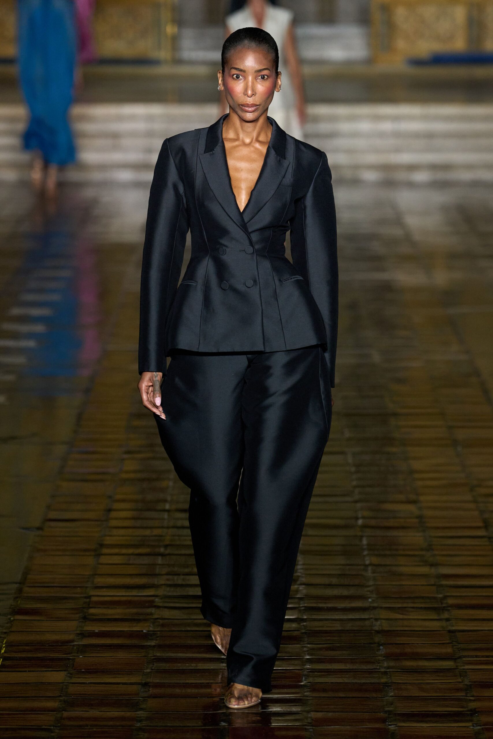 black tailored blazer with relaxed pants