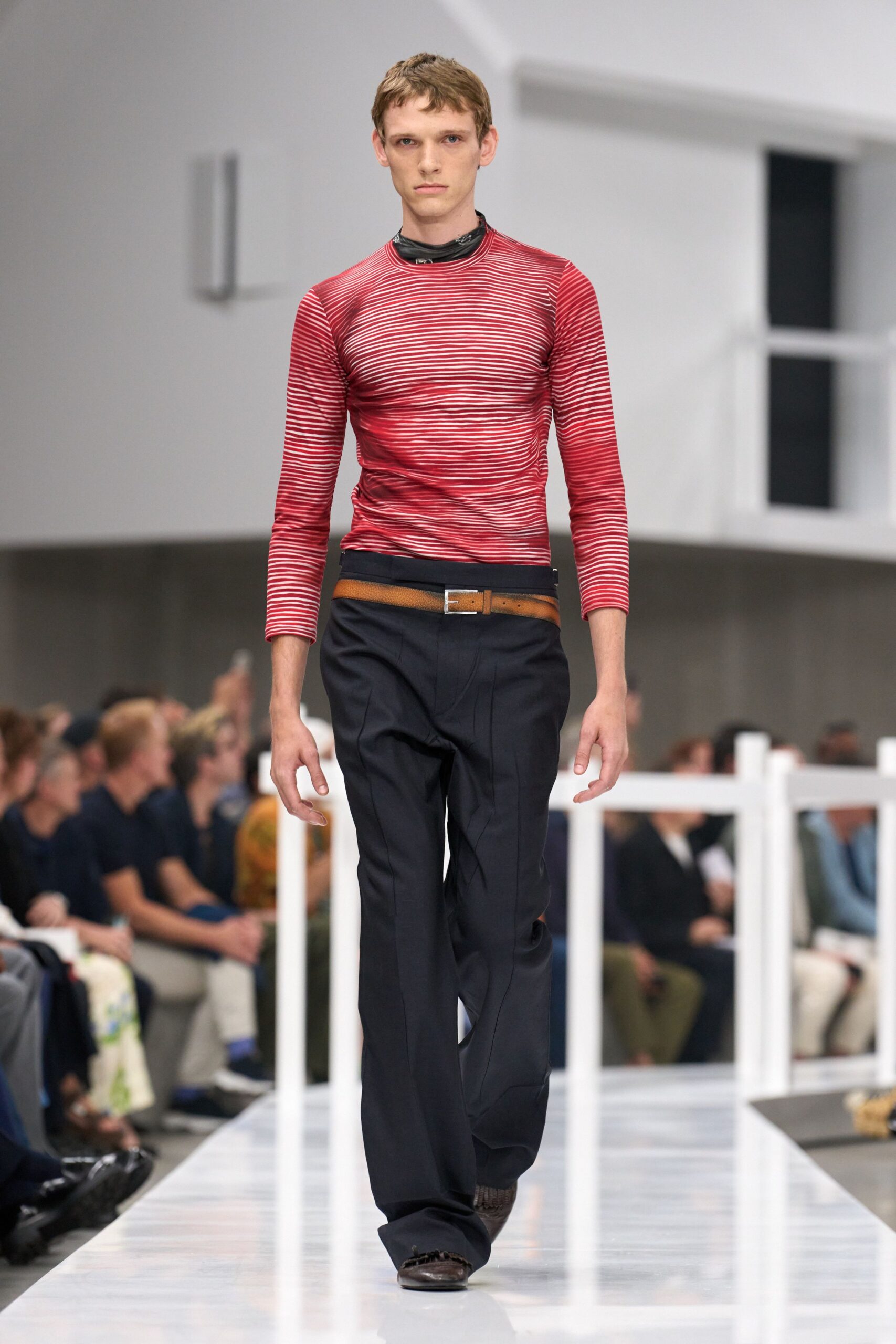 red cotton long-sleeve v-neck fitted striped top