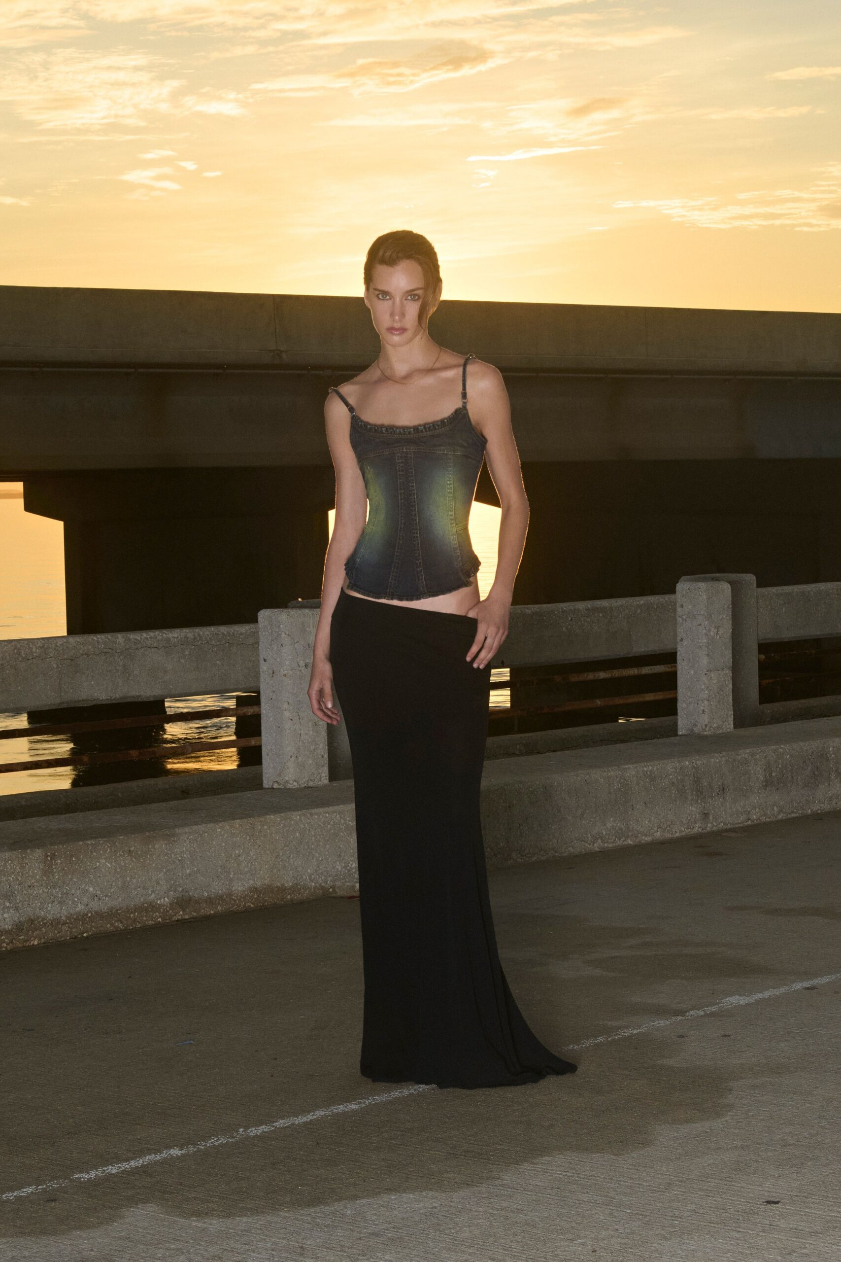 black cotton fitted straight-leg maxi skirt