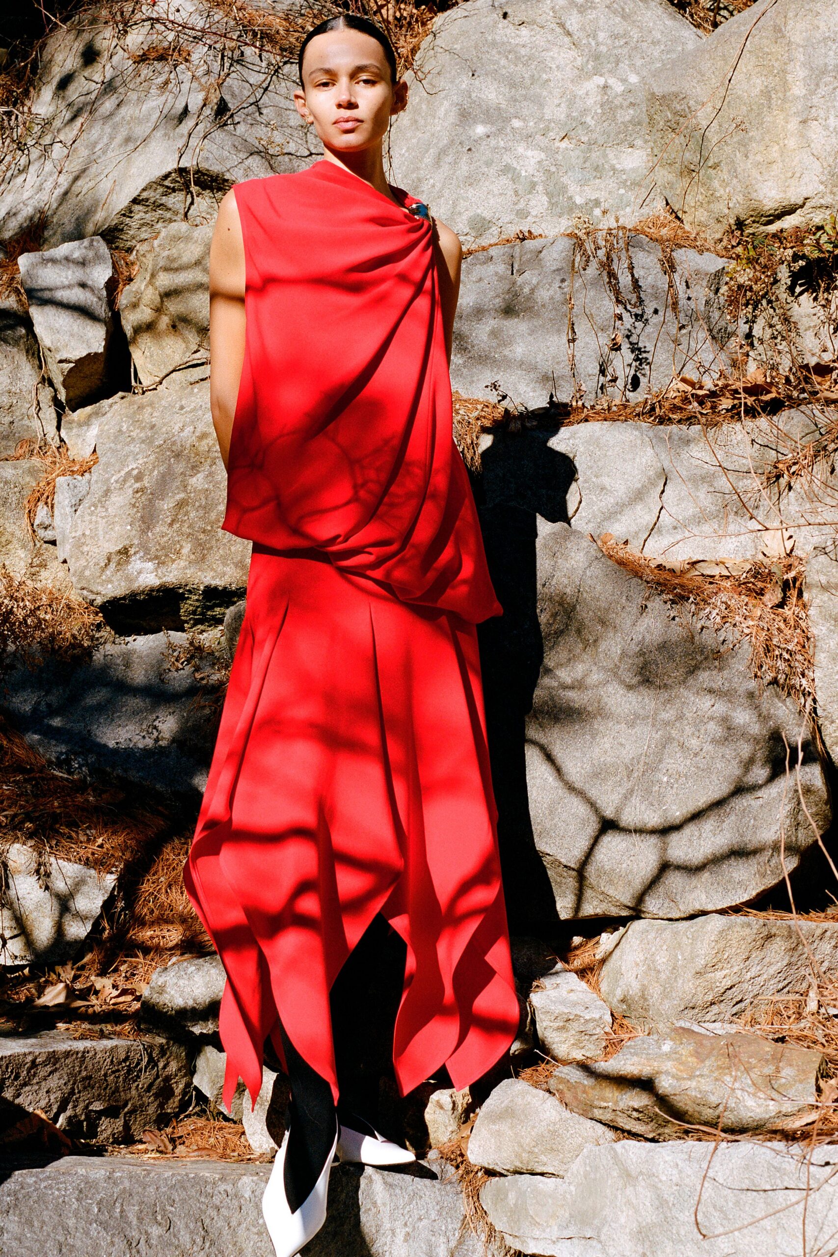 red silk sleeveless asymmetric relaxed draped maxi dress