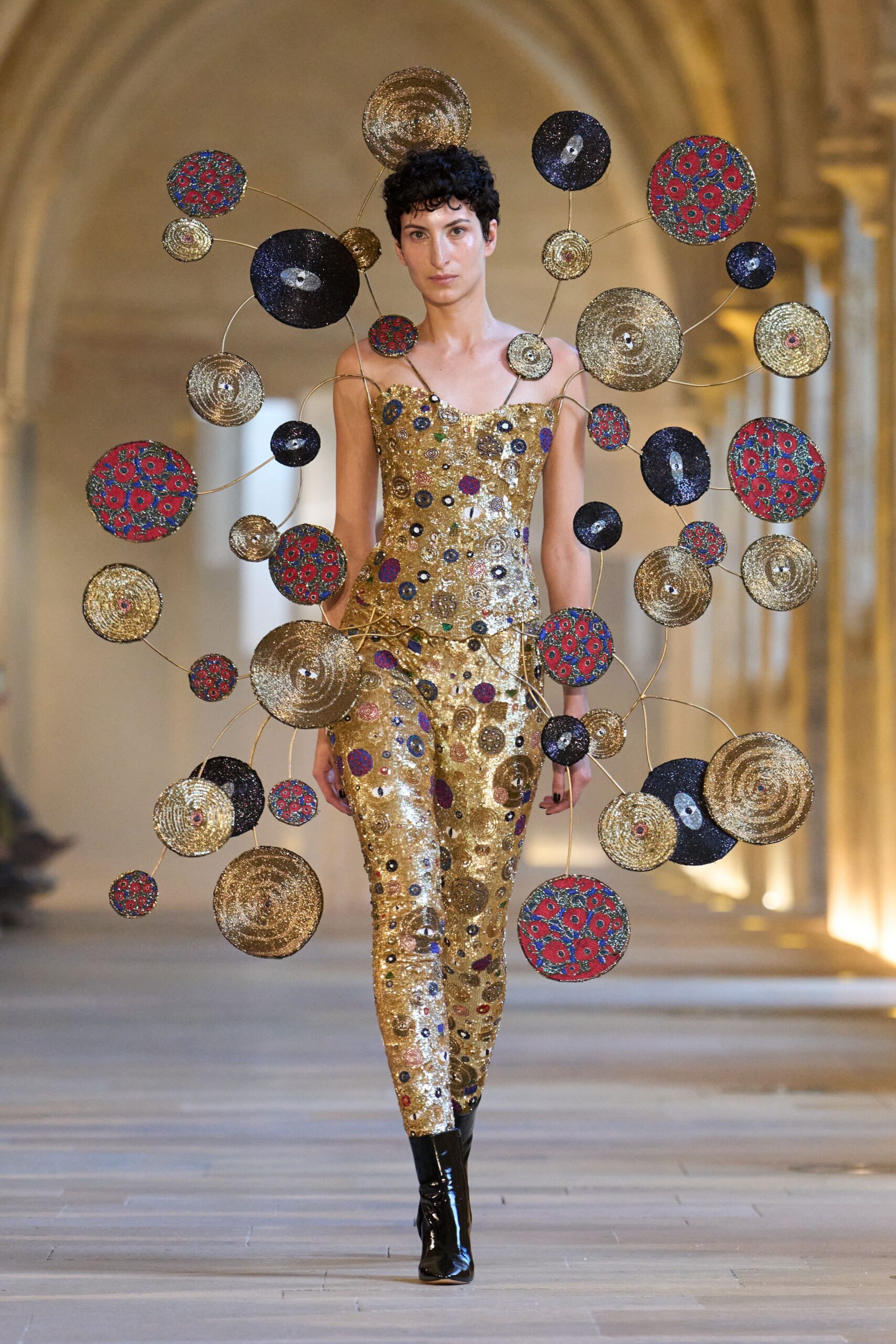 gold metallic sleeveless v-neck fitted embellished shiny catsuit