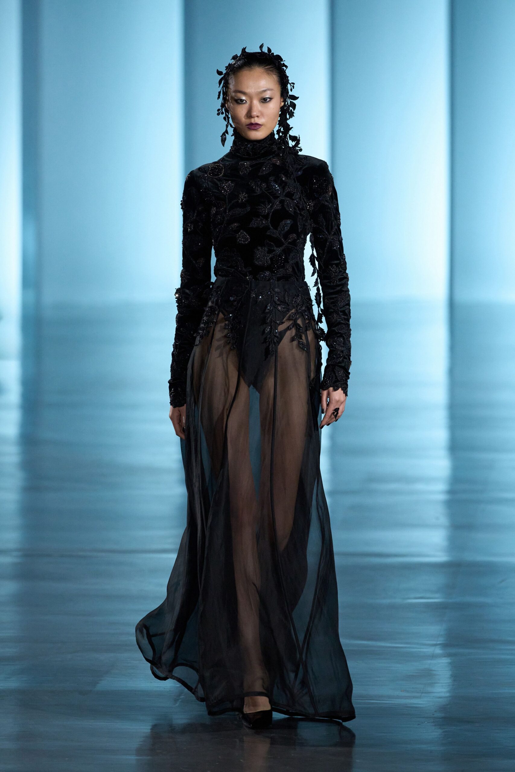 black silk embroidered gown