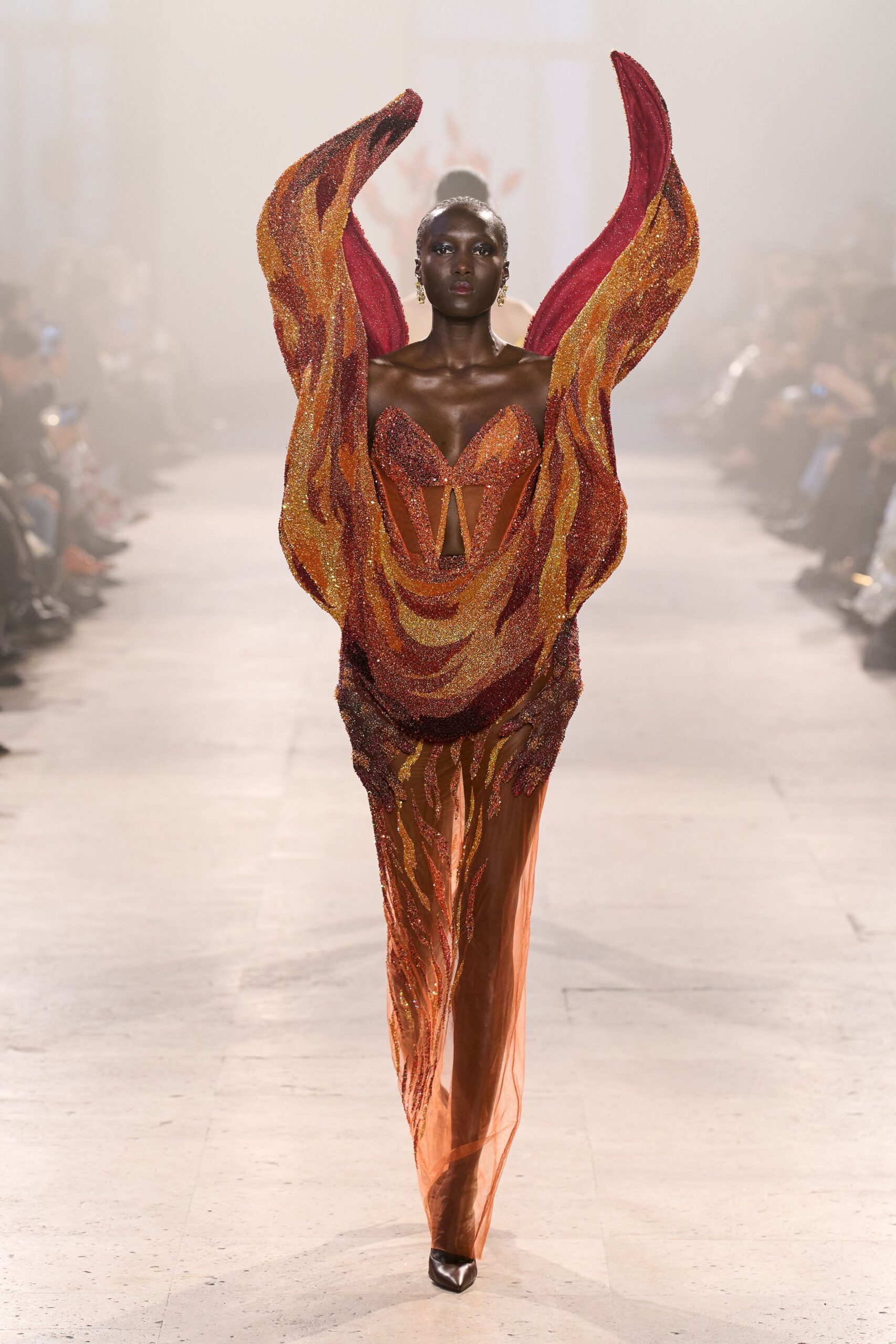 red and orange sequined gown