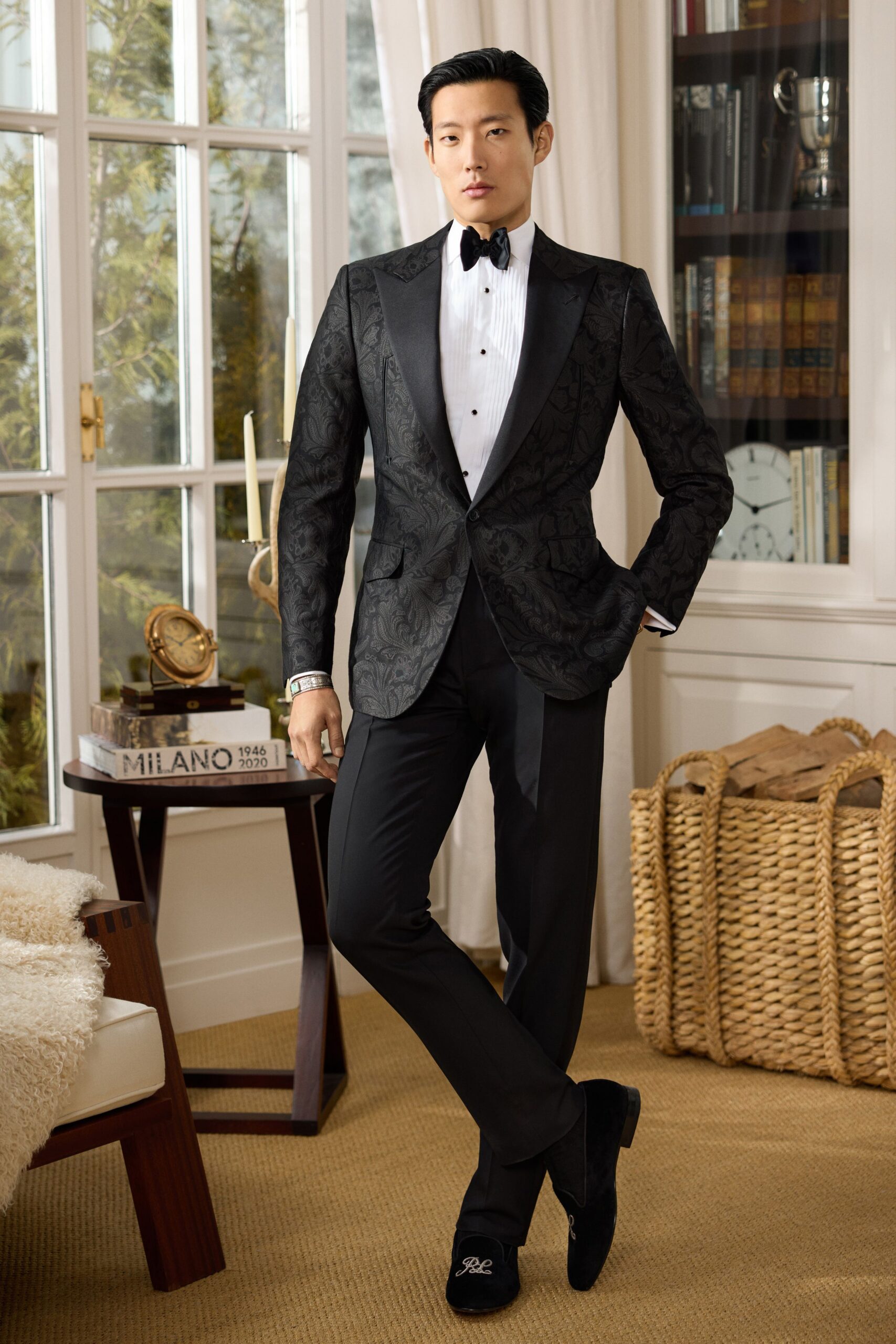 black tailored suit with white shirt