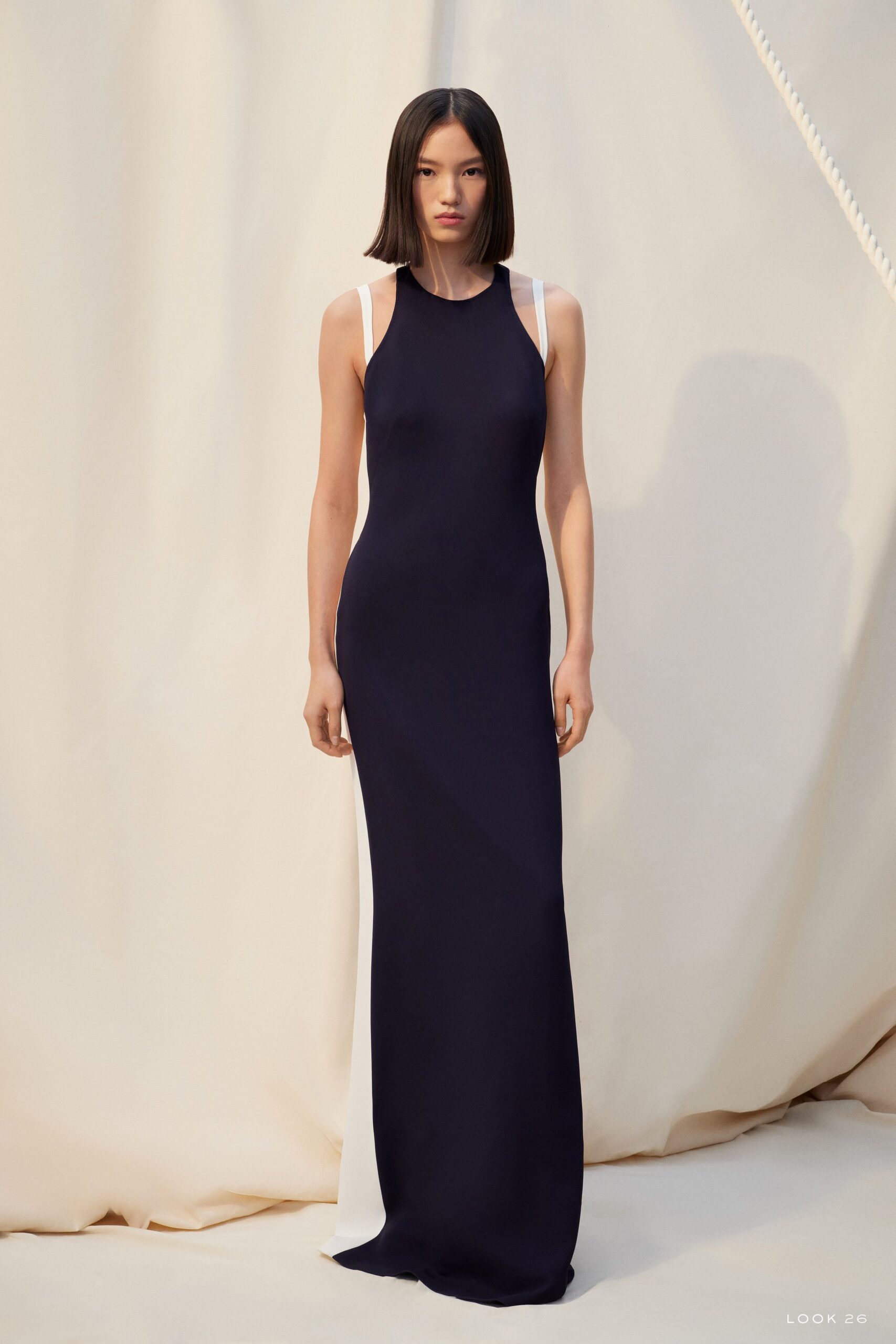 navy and white color-blocked gown