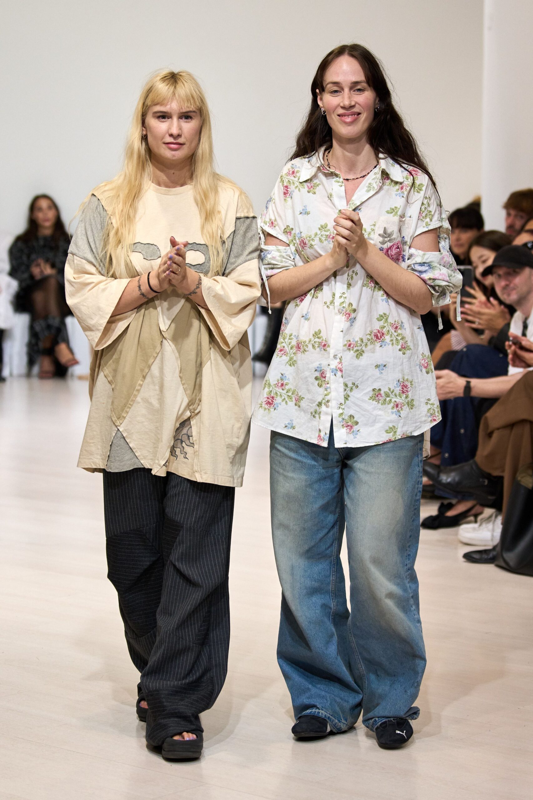 beige top with black pants and white floral top with blue jeans