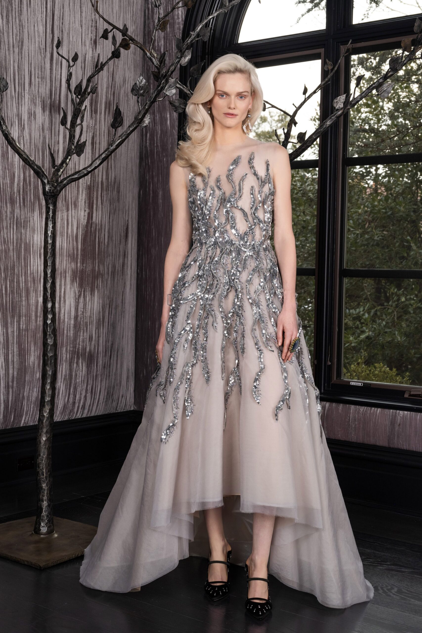 beige silver embellished gown