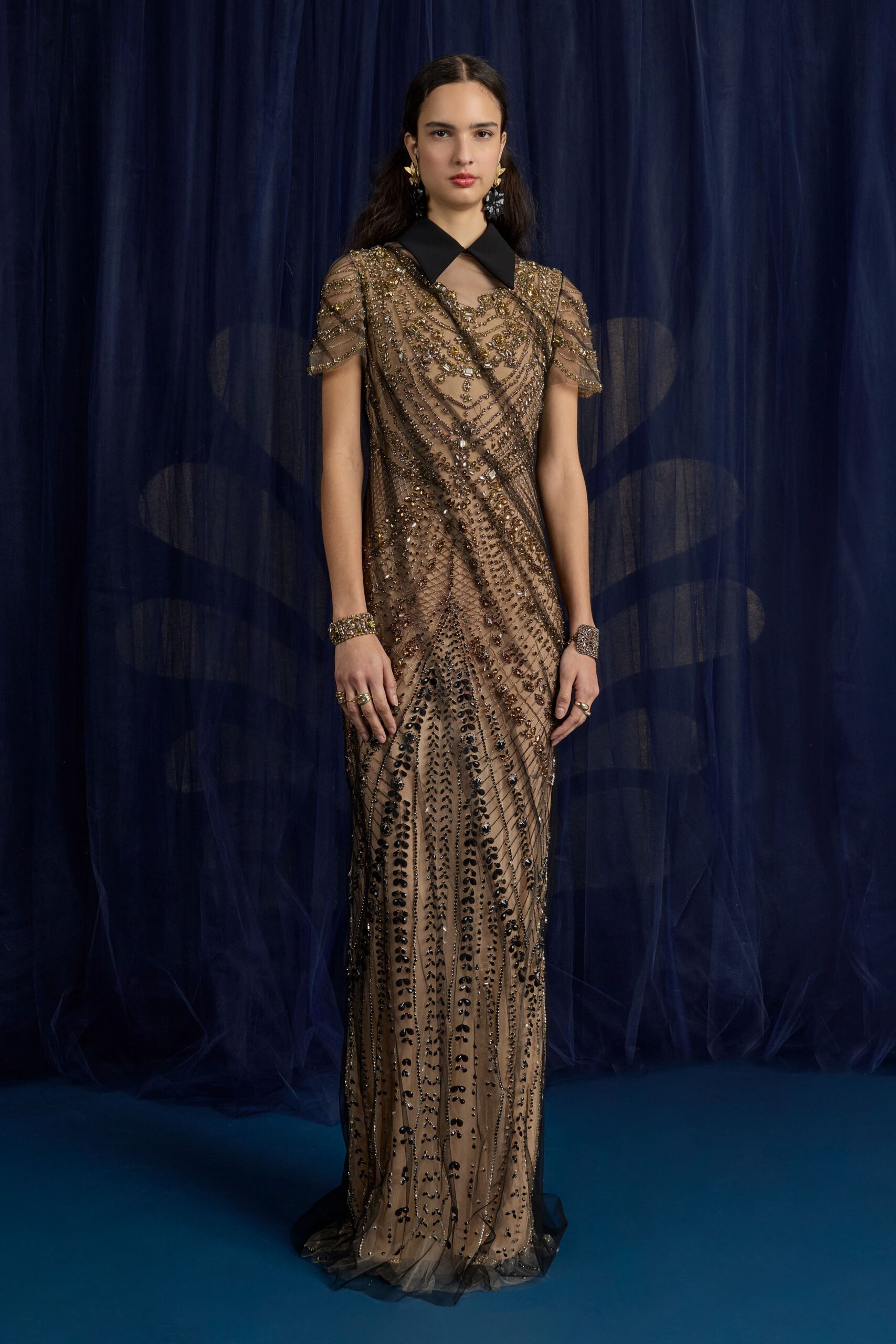 gold and black embroidered gown