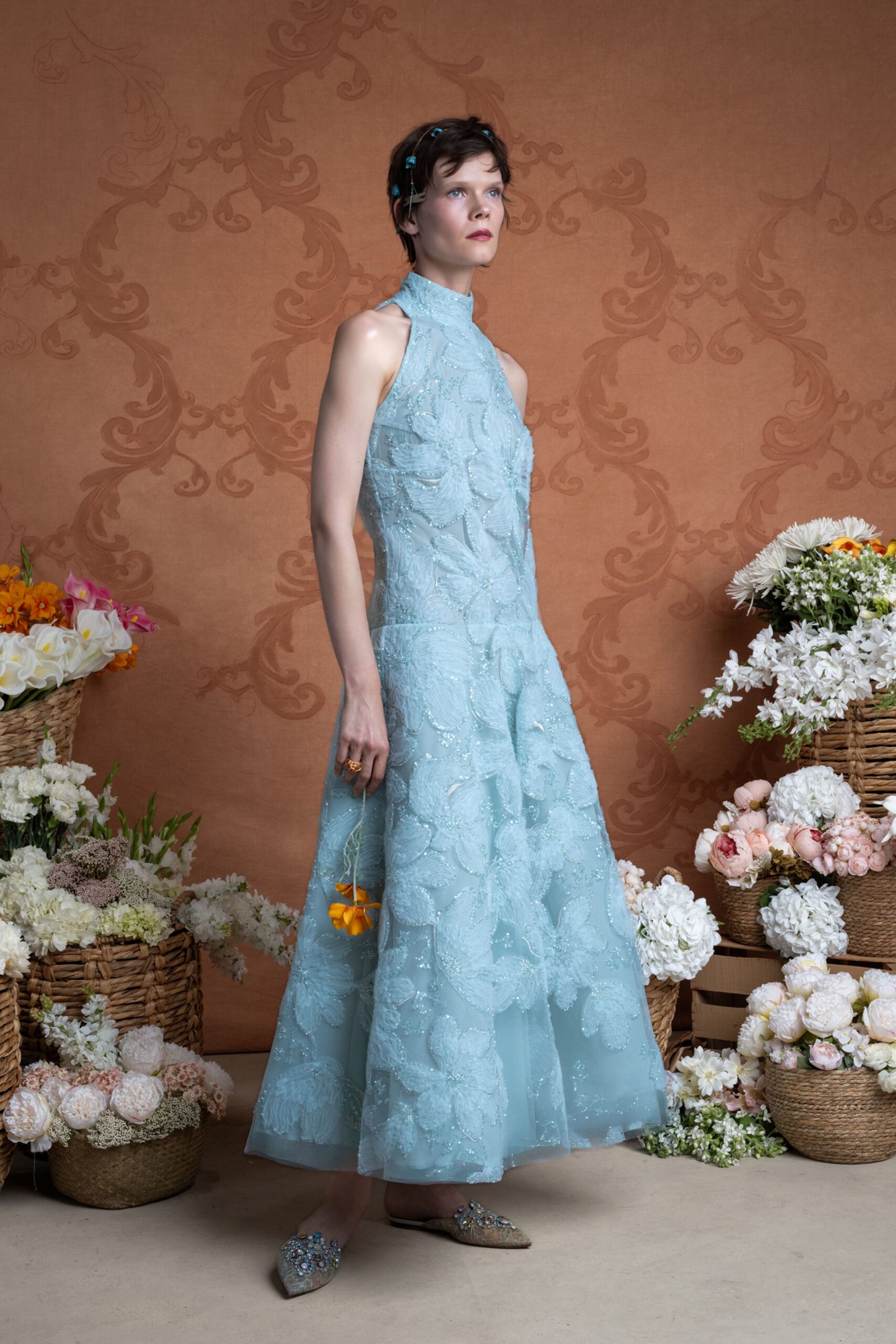 blue silk sleeveless high-neck fitted embroidered layered gown