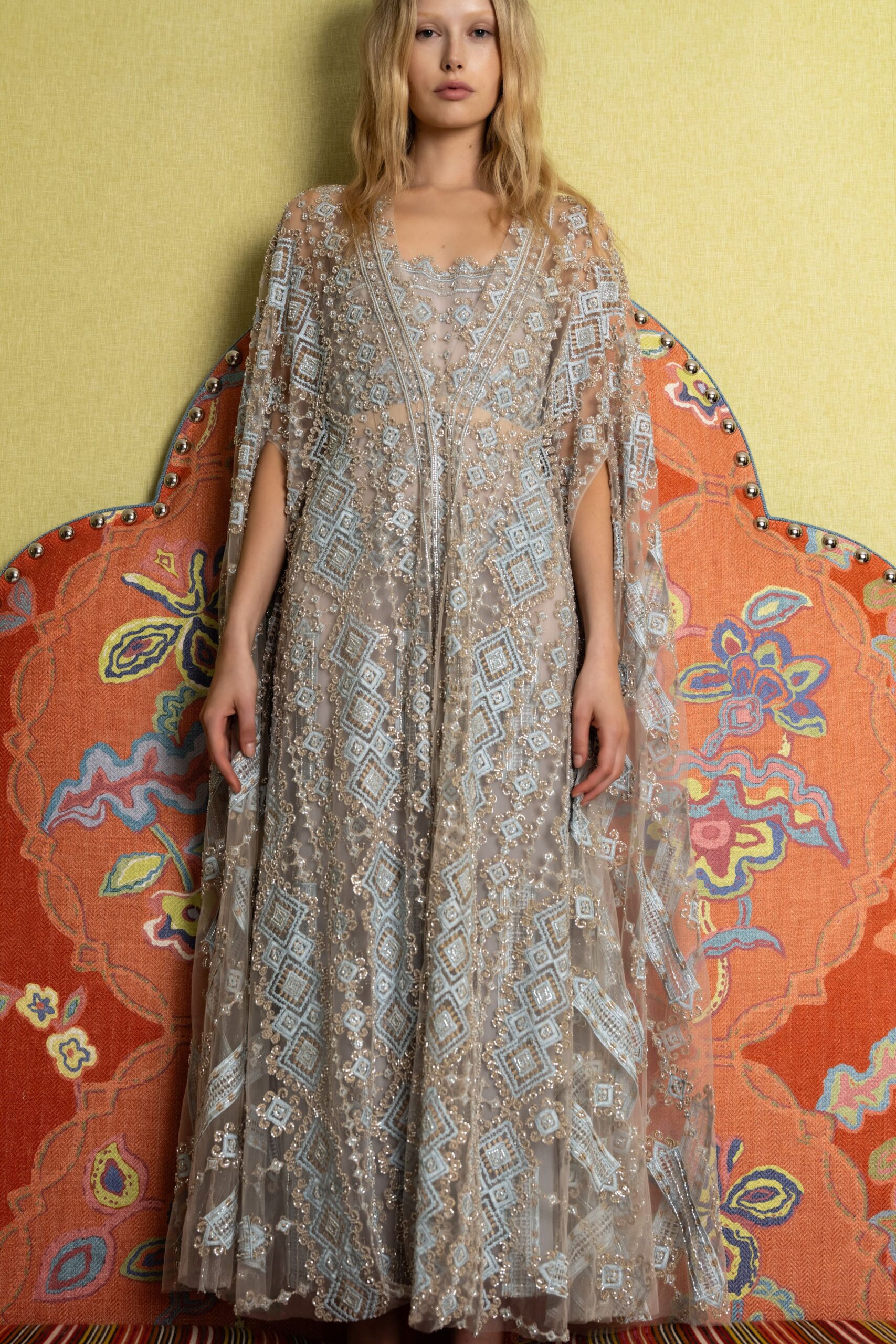 beige silk embroidered gown
