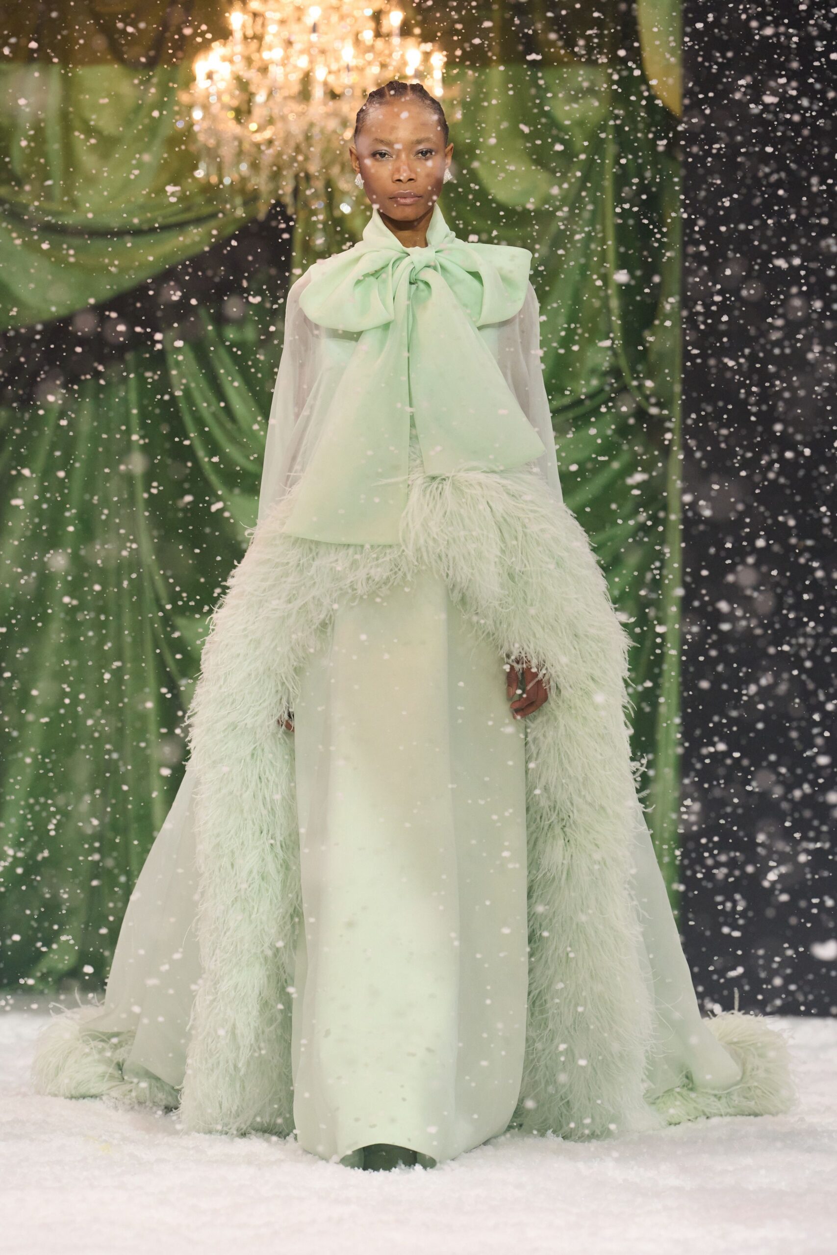 green silk flowing gown