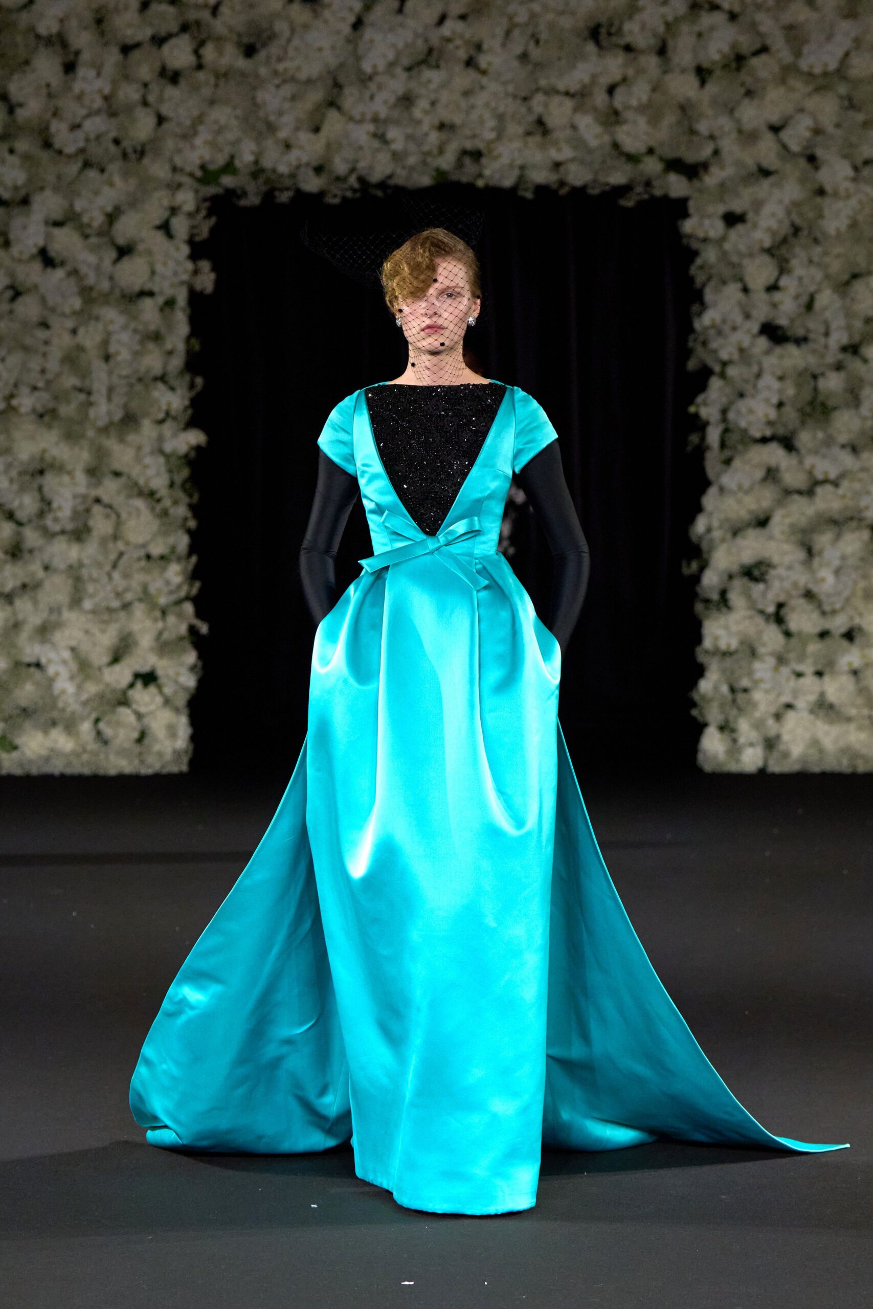 teal satin short-sleeve v-neck fitted draped shiny gown