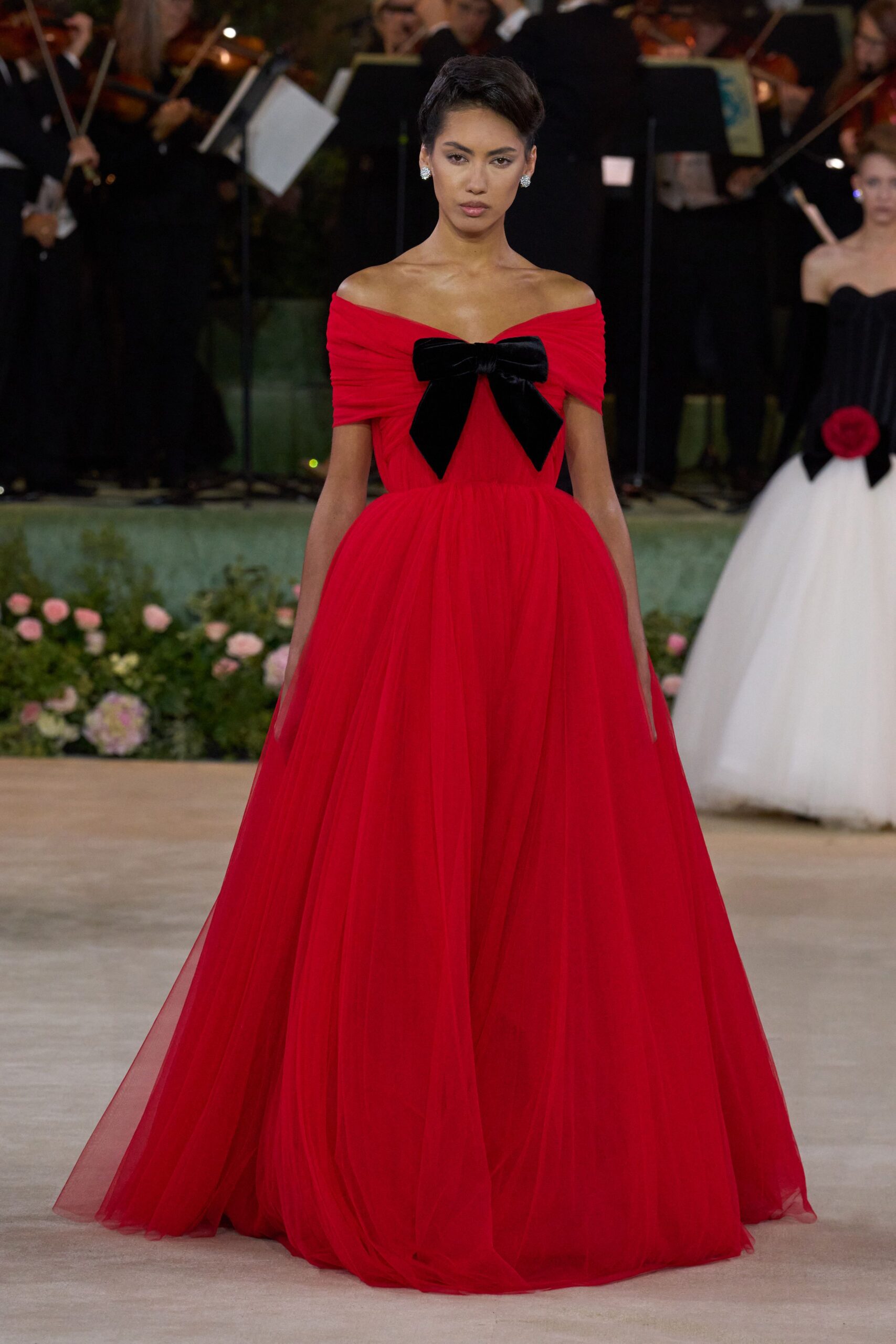 red off-shoulder tulle gown