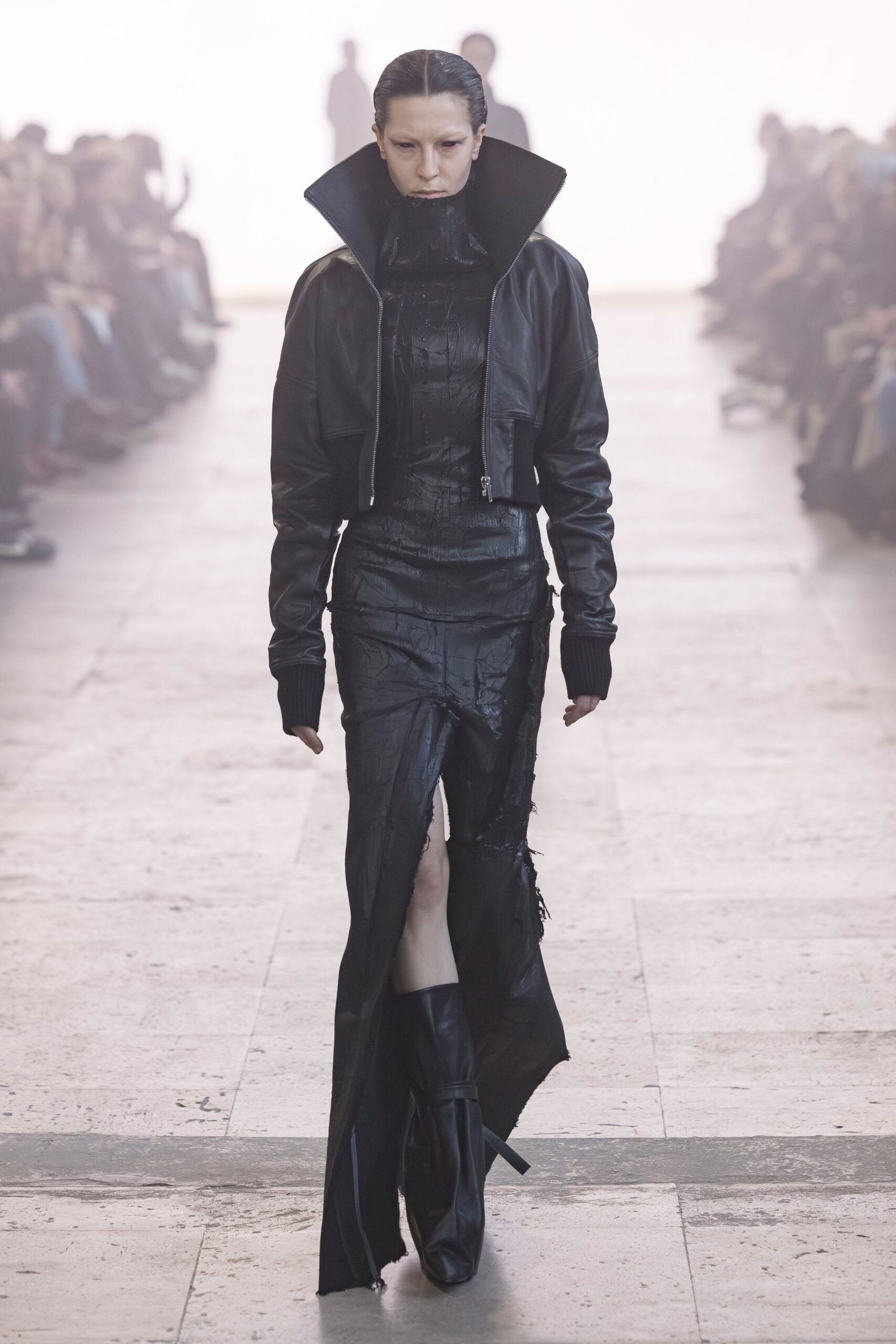 black leather maxi dress and jacket