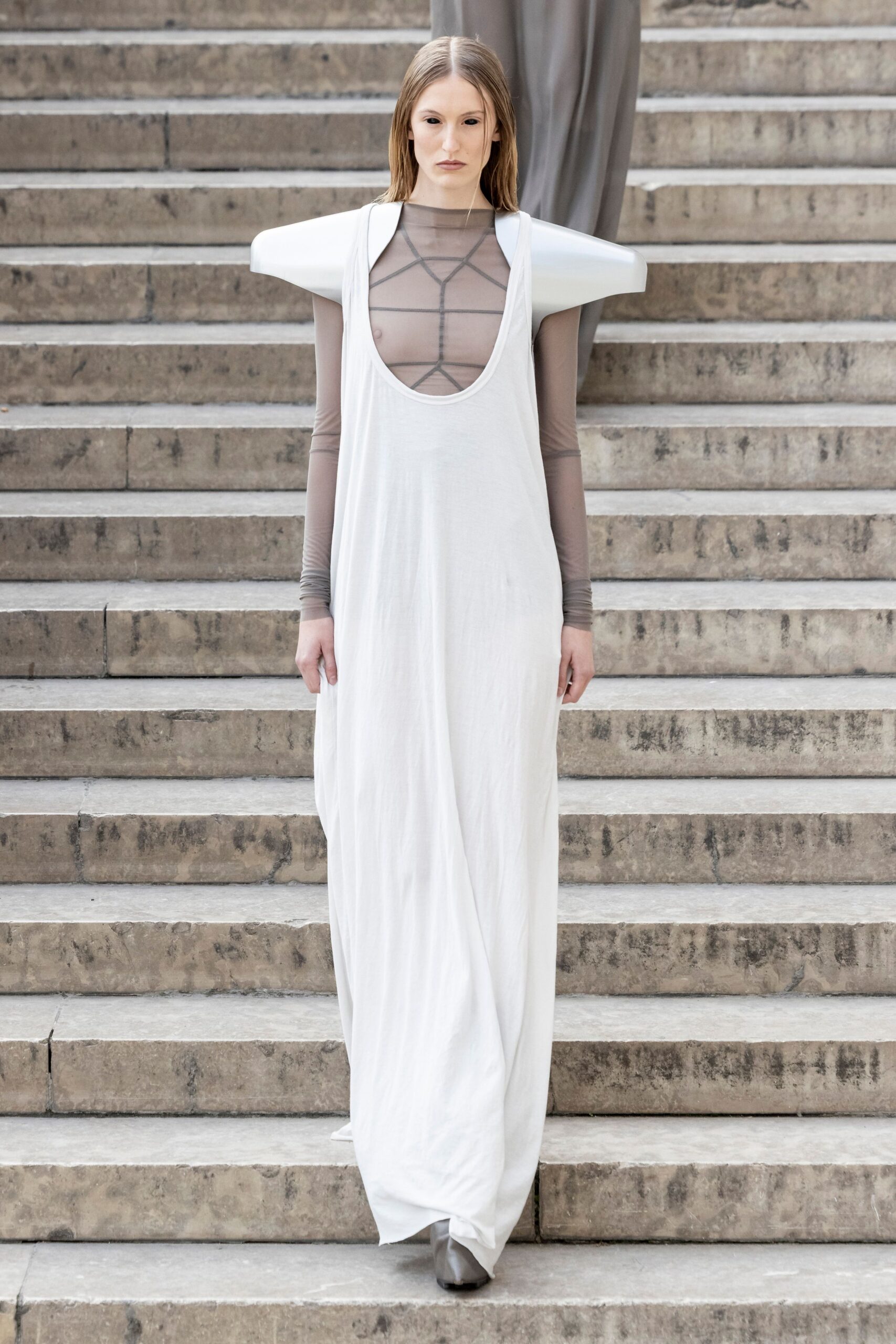 white relaxed maxi dress with mesh top