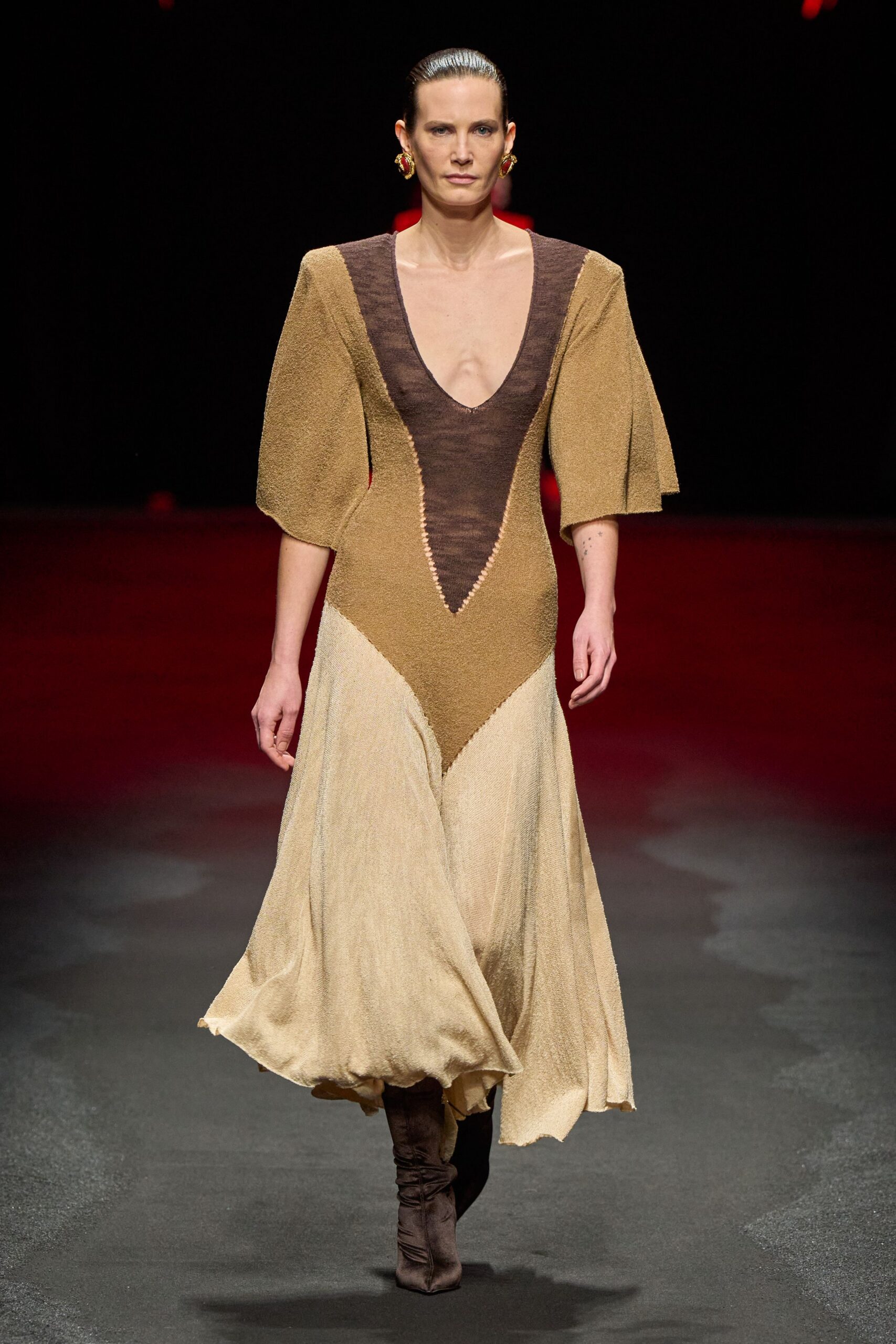 brown silk short-sleeve v-neck fitted pleated draped dress