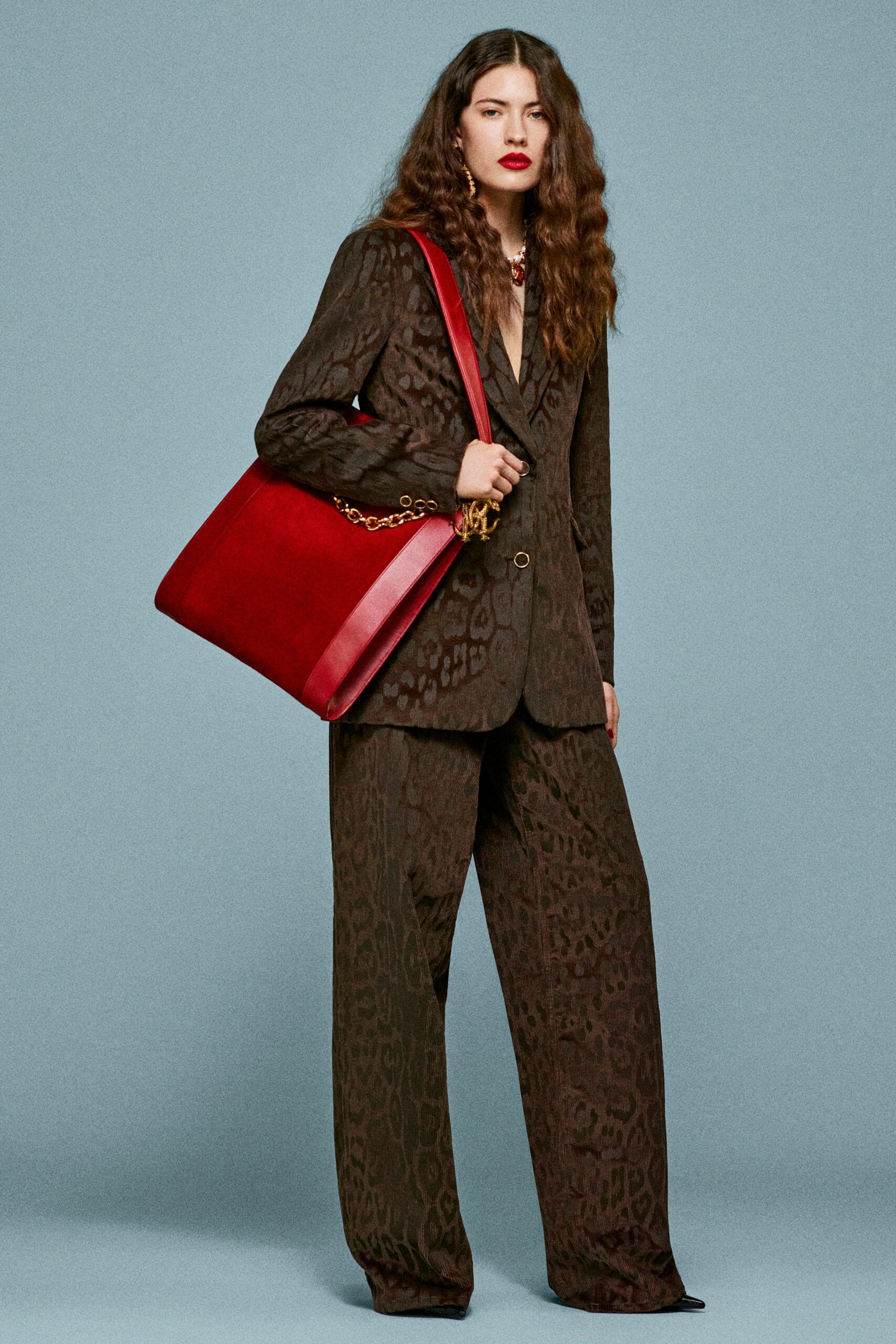 brown silk long-sleeve collared tailored printed suit