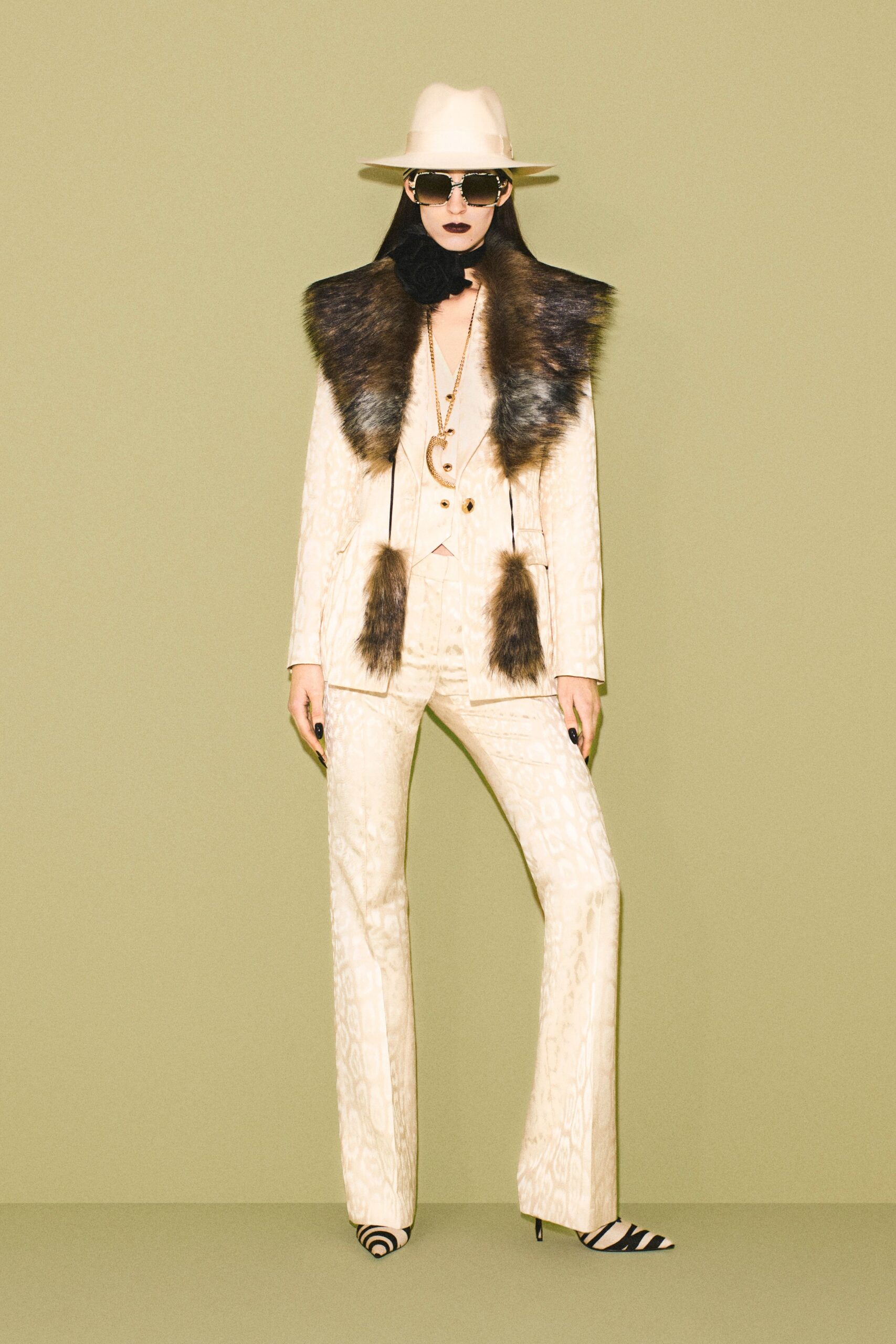 beige silk long-sleeve collared tailored embroidered suit