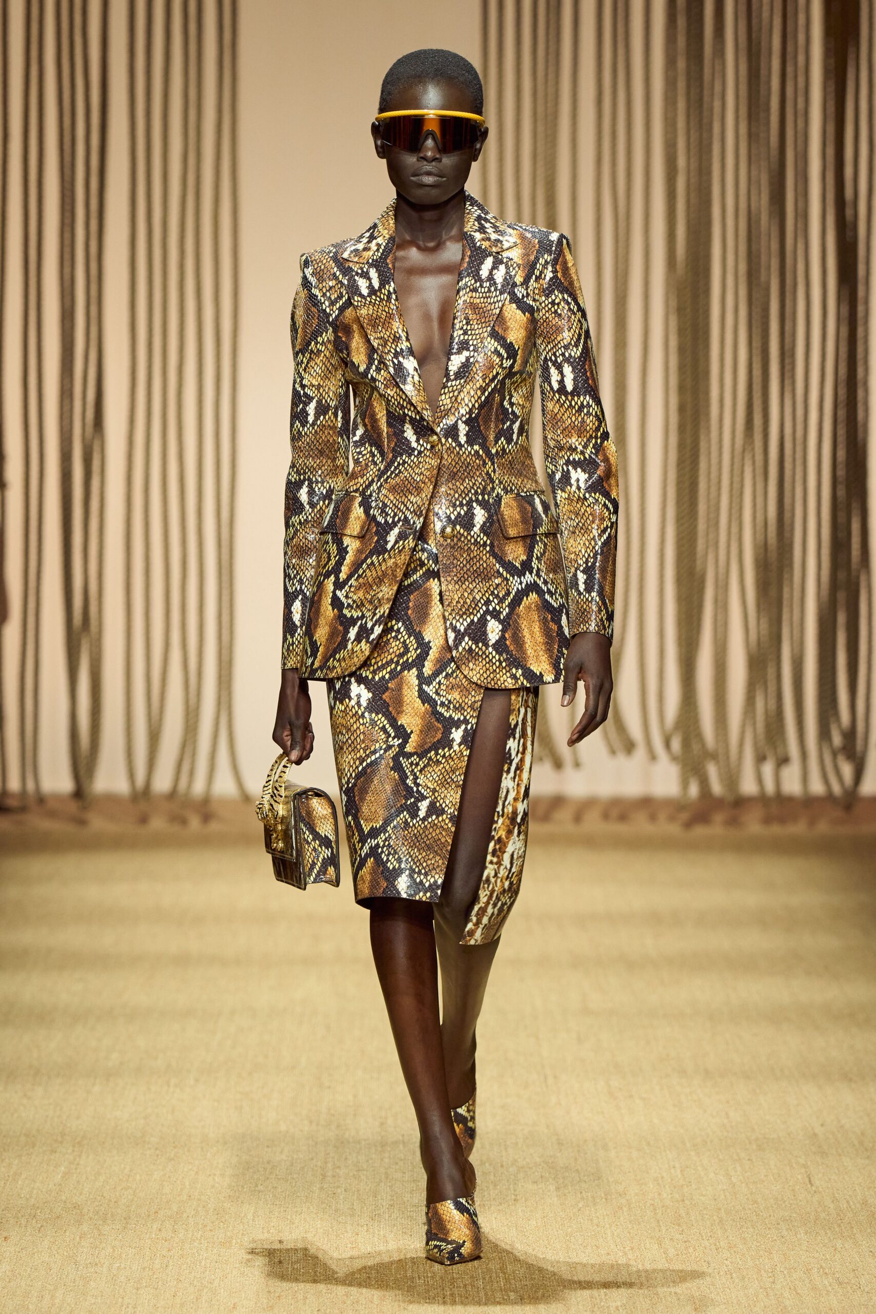 brown silk long-sleeve v-neck tailored printed blazer