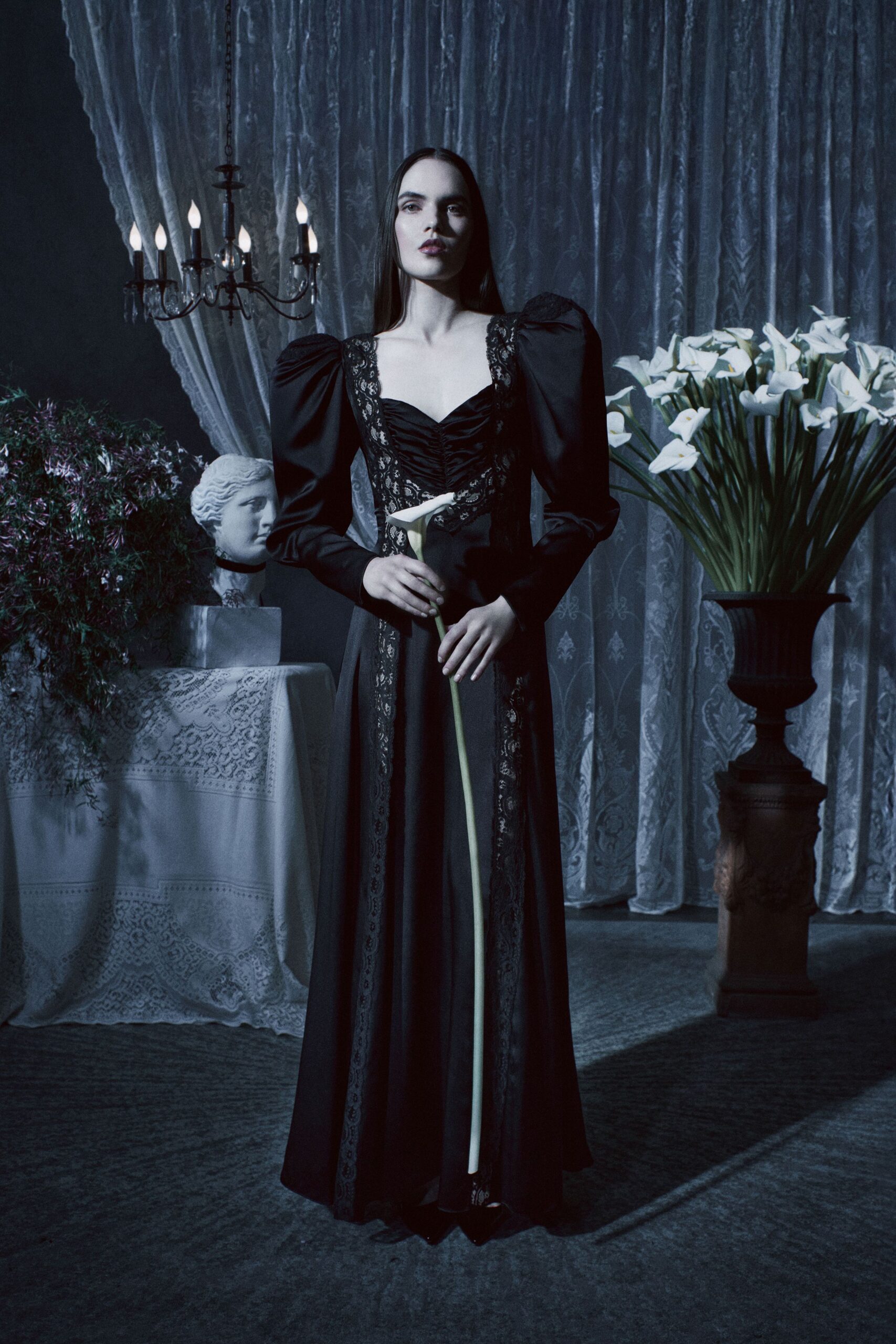 black silk fitted gown