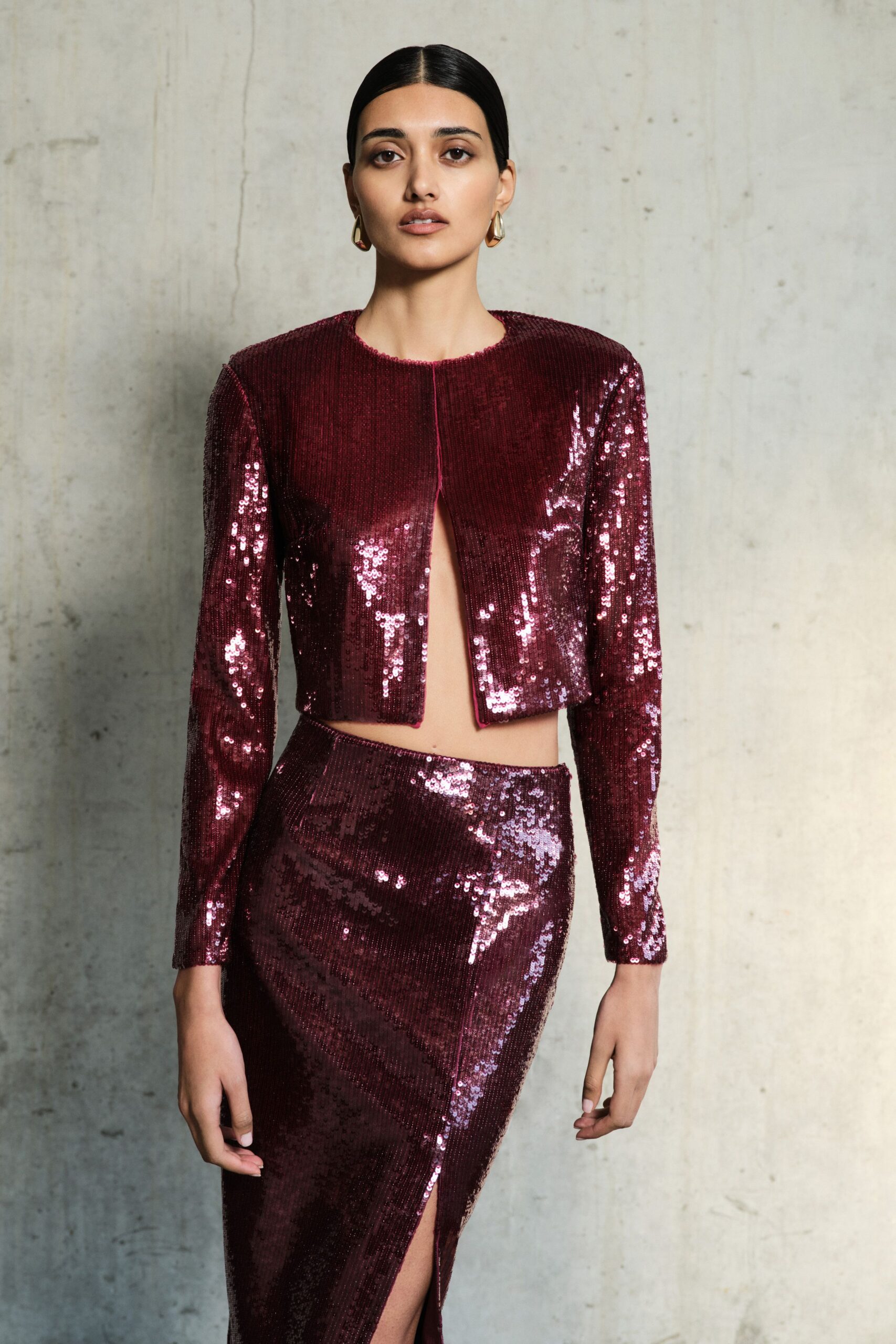 red sequin long-sleeve collared fitted zippered shiny top