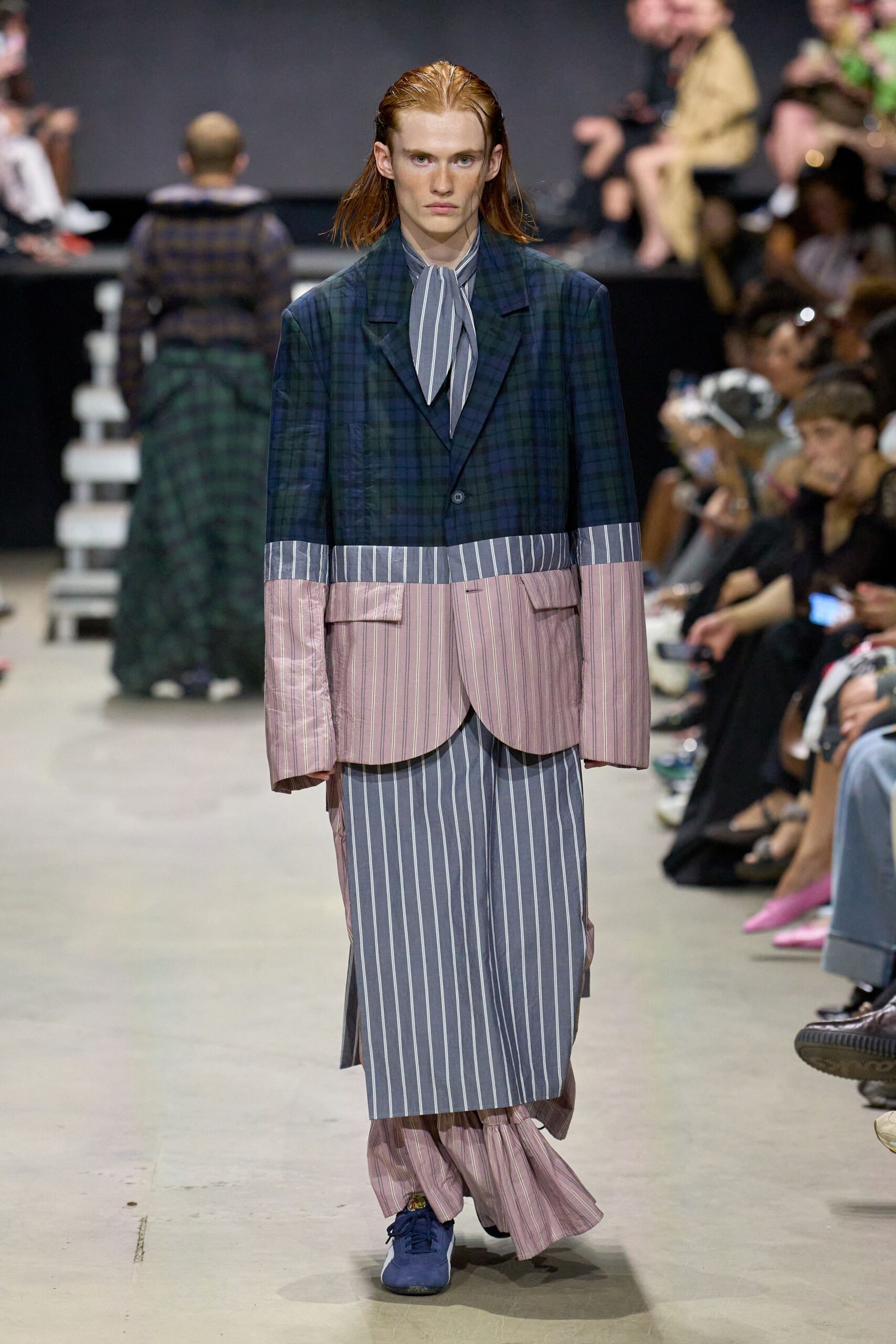 blue cotton long-sleeve collared tailored checked striped suit