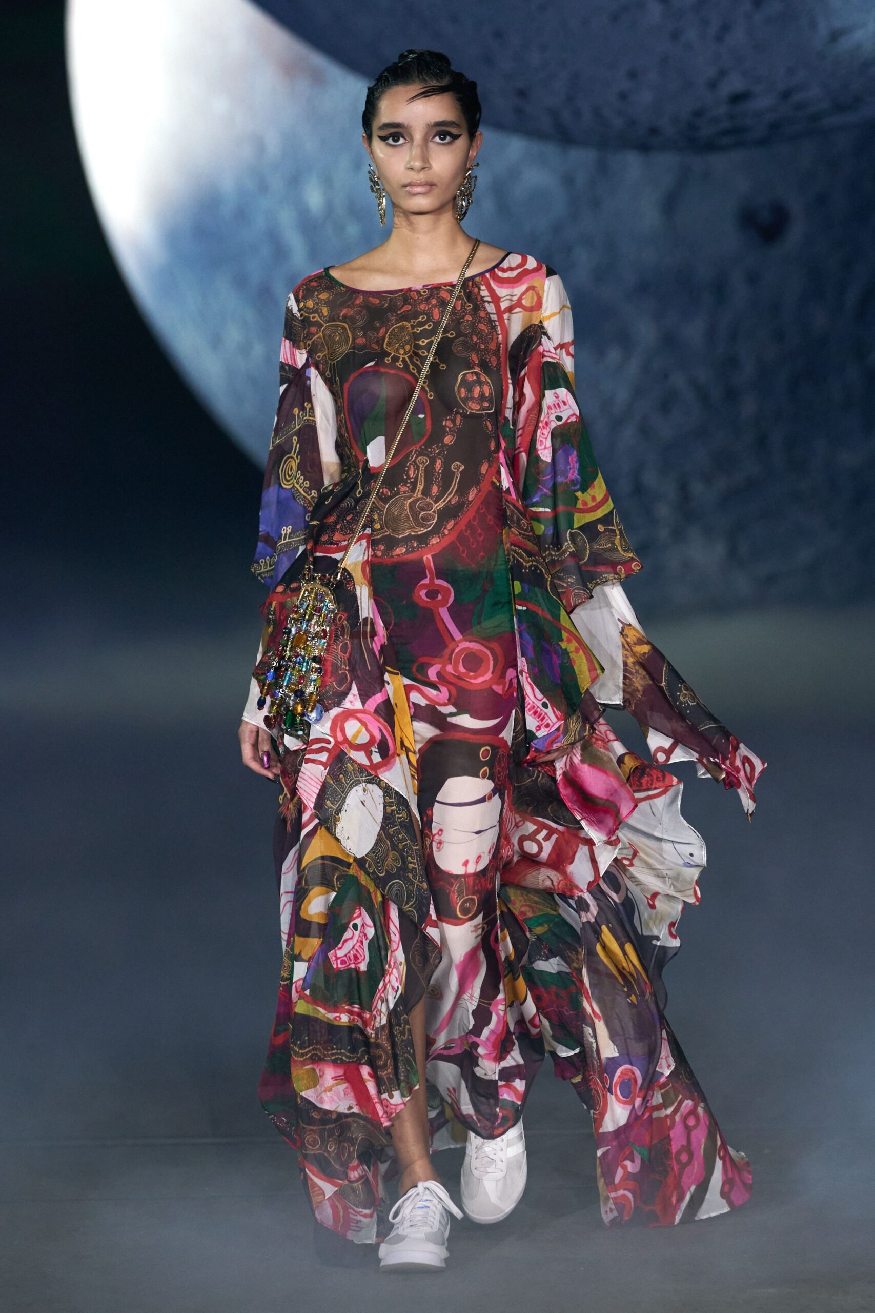 multi chiffon long-sleeve v-neck relaxed layered printed dress