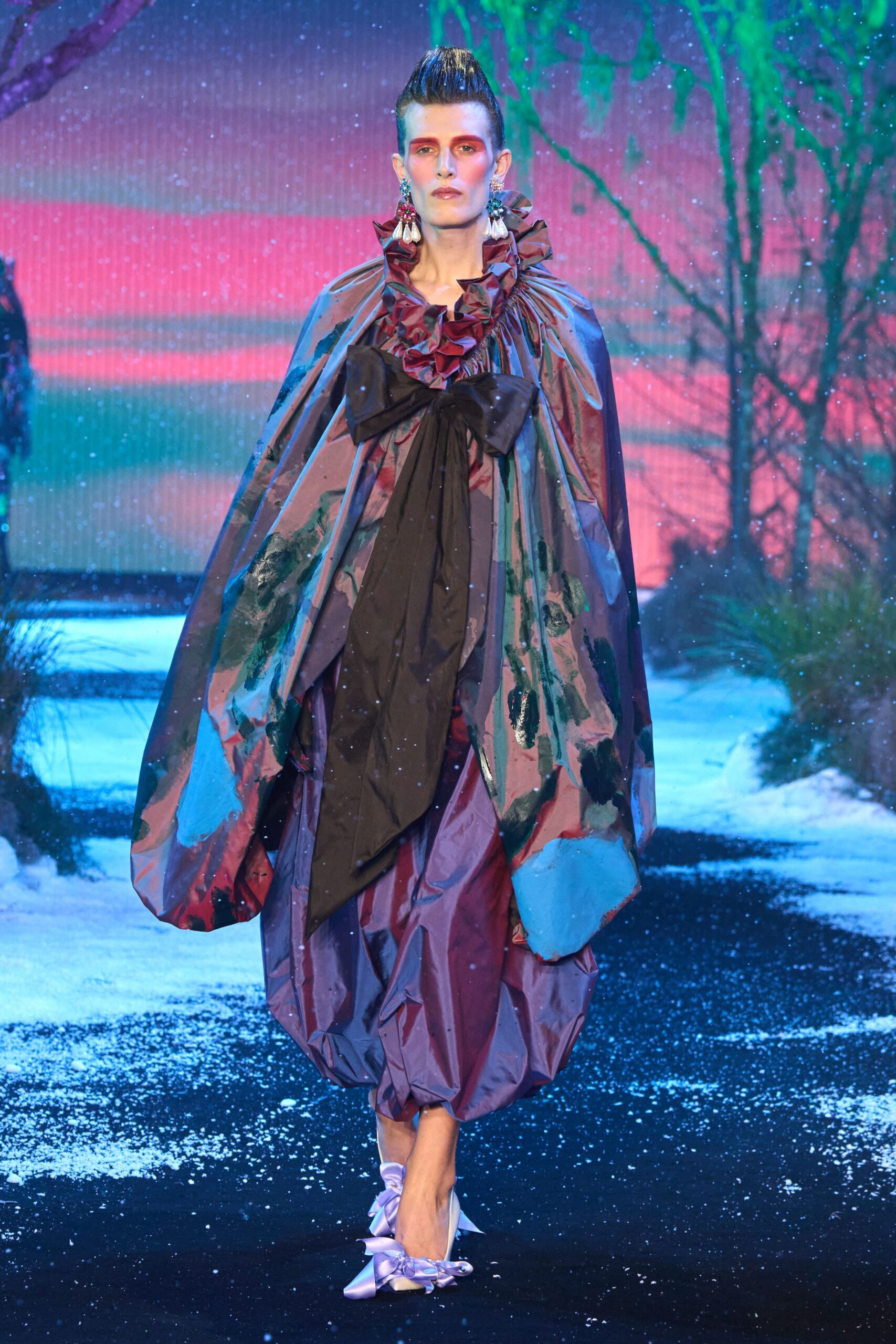 purple silk long-sleeve relaxed ruffled layered shiny cape