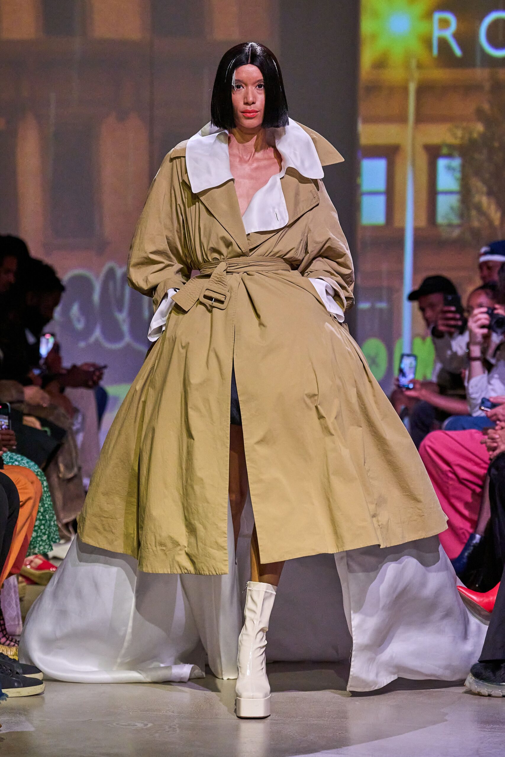 beige cotton long-sleeve collared relaxed belted layered trench