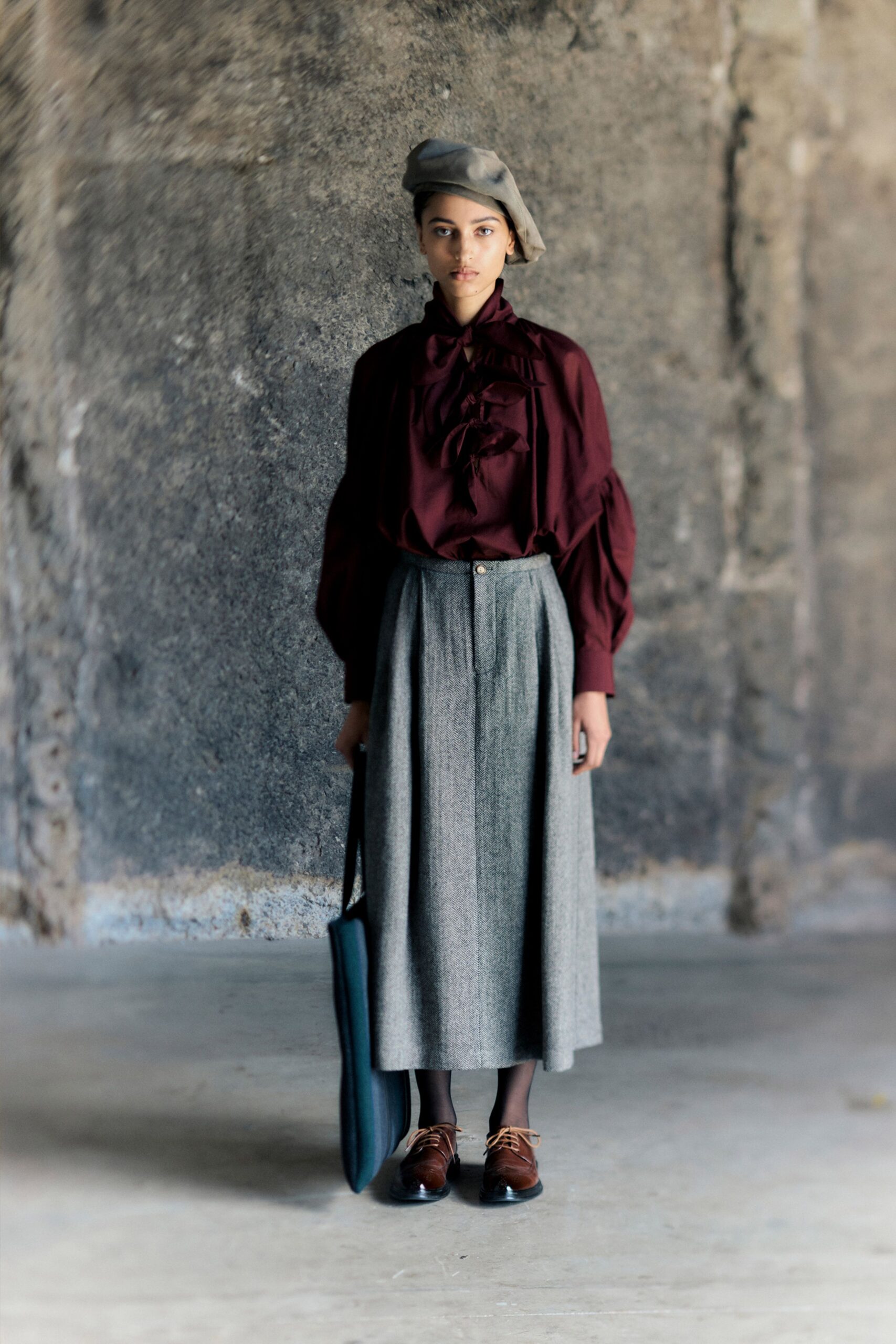 maroon silk long-sleeve collared fitted ruffled blouse