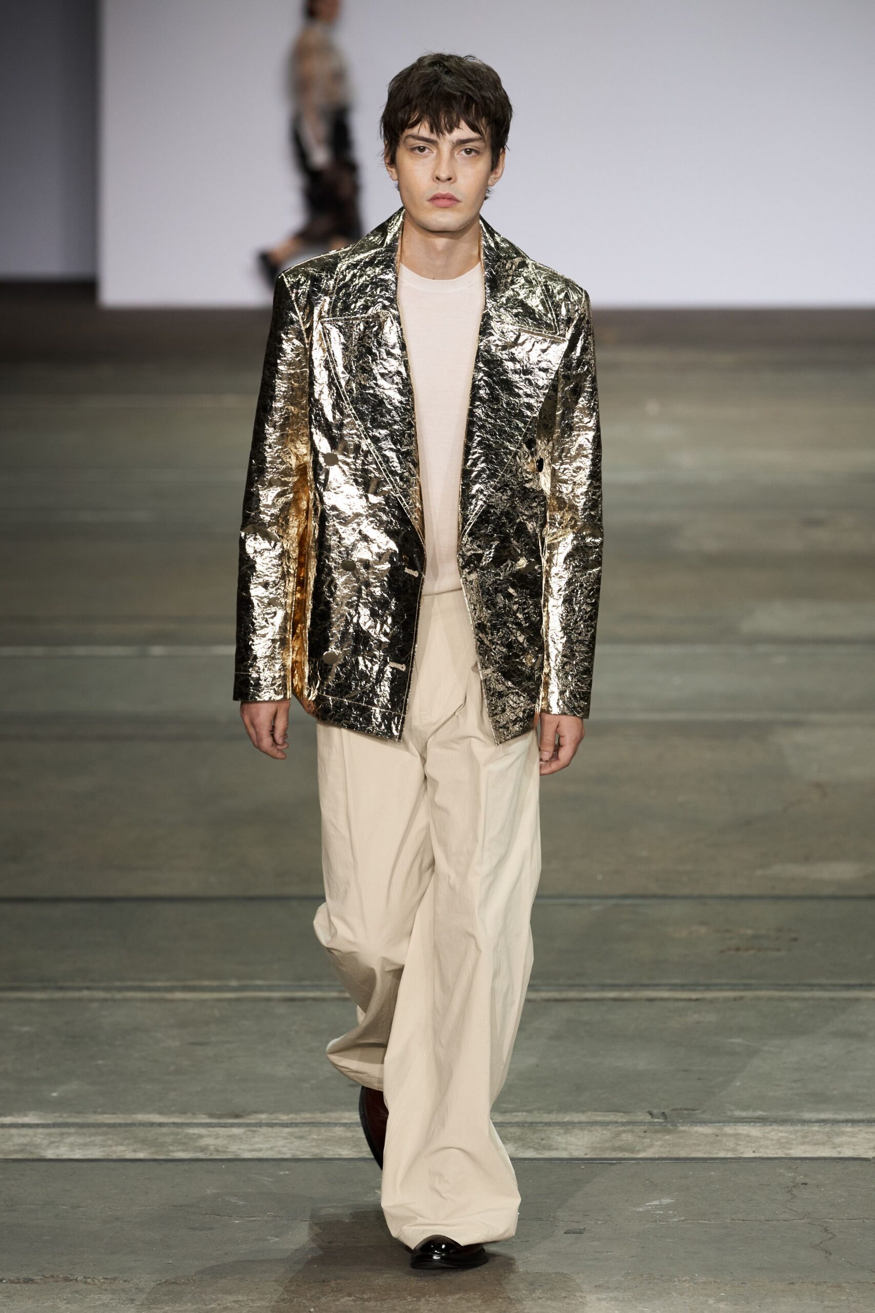 gold metallic blazer with beige top