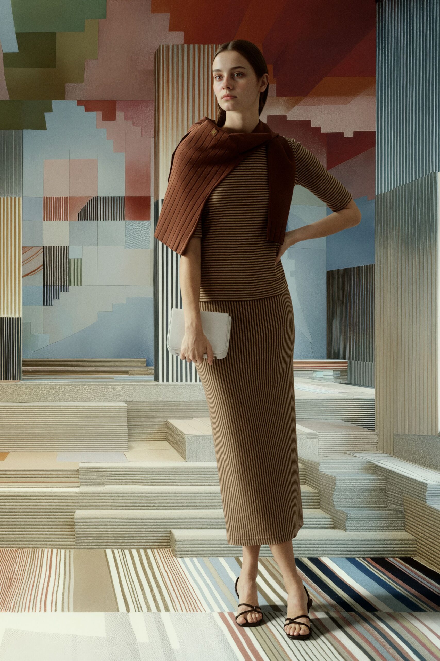 brown striped midi dress with cardigan