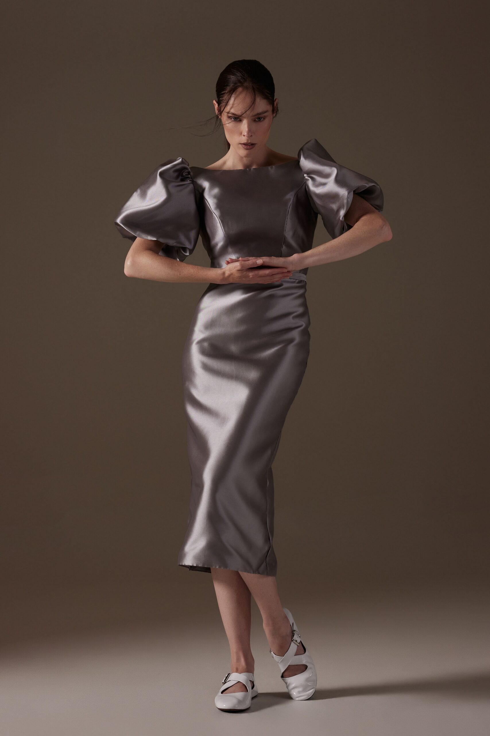 gray satin short-sleeve square-neck fitted pleated shiny dress