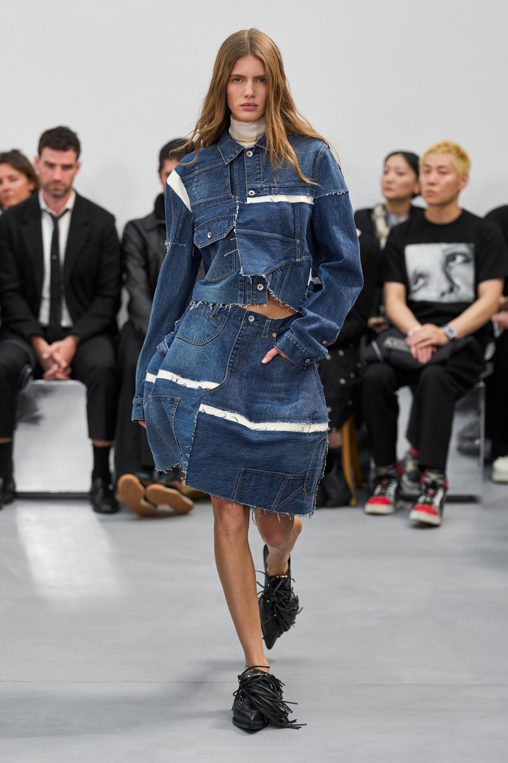 blue denim long-sleeve collared fitted buttoned zippered jacket