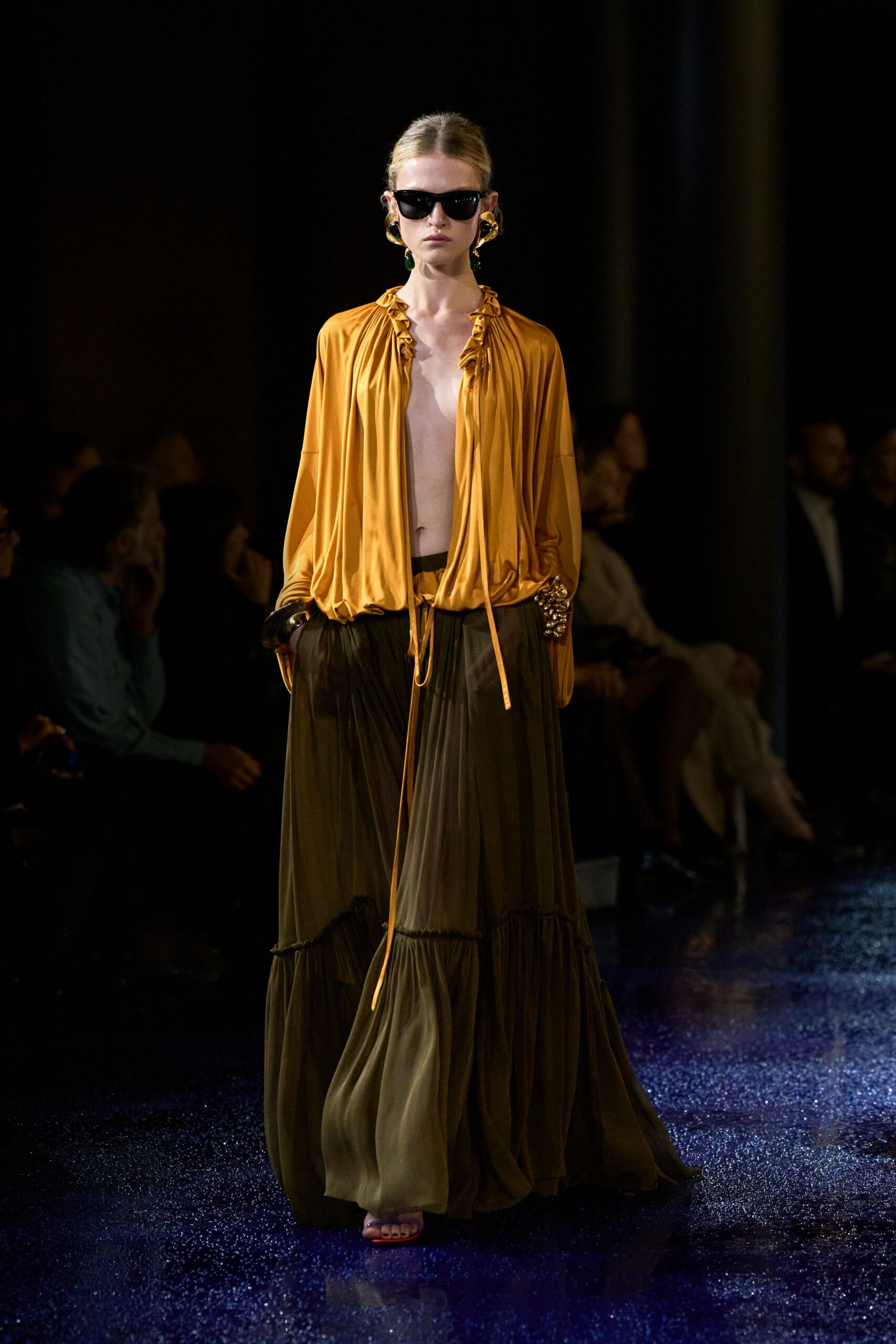 orange silk long-sleeve collared relaxed ruffled top