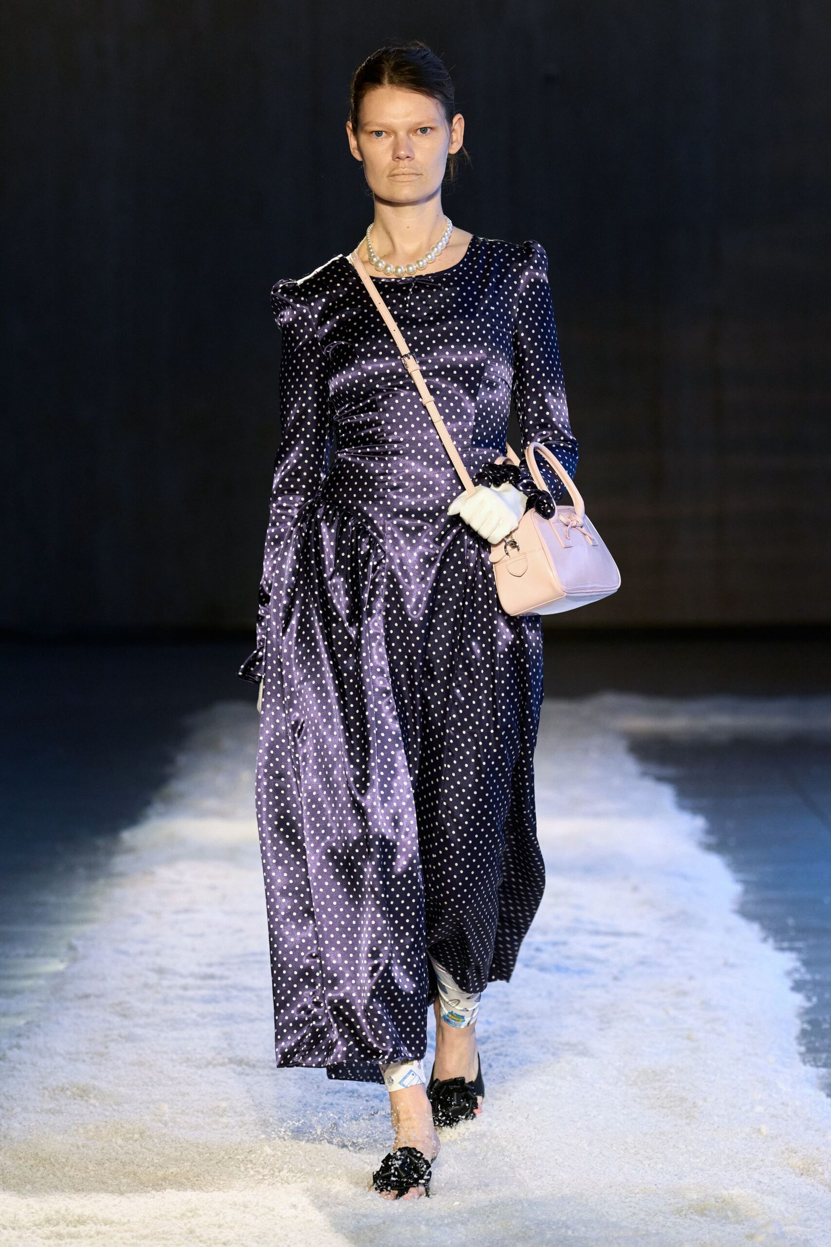 purple silk long-sleeve v-neck fitted polka-dot draped dress