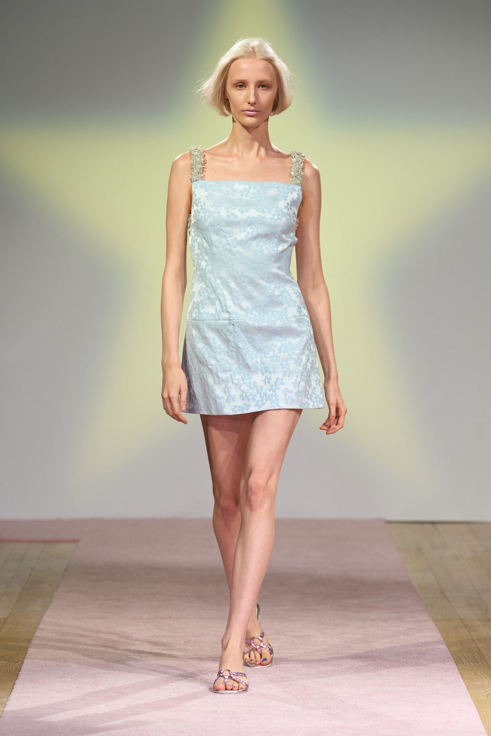 blue silk sleeveless square-neck fitted embroidered mini mini-dress