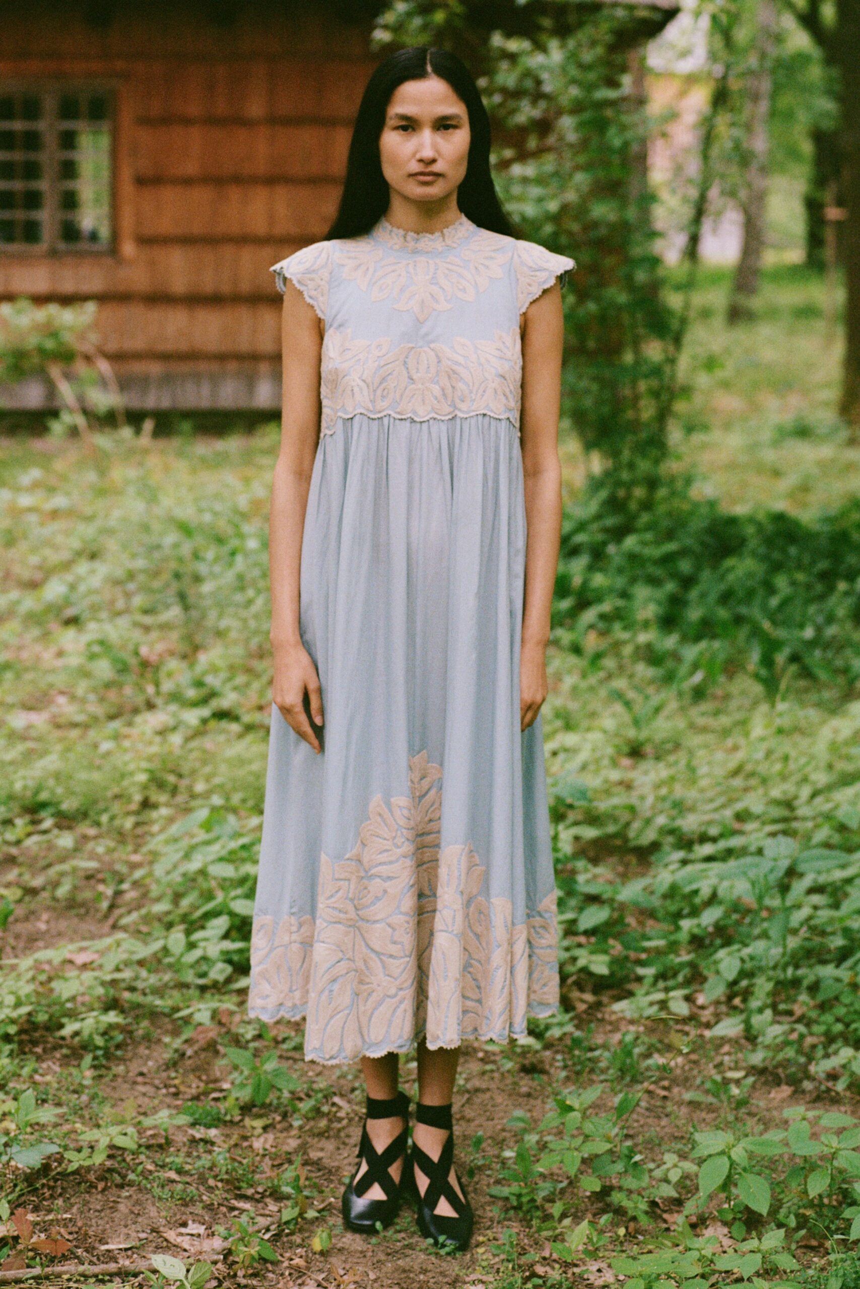 blue cotton sleeveless high-neck relaxed embroidered tiered dress