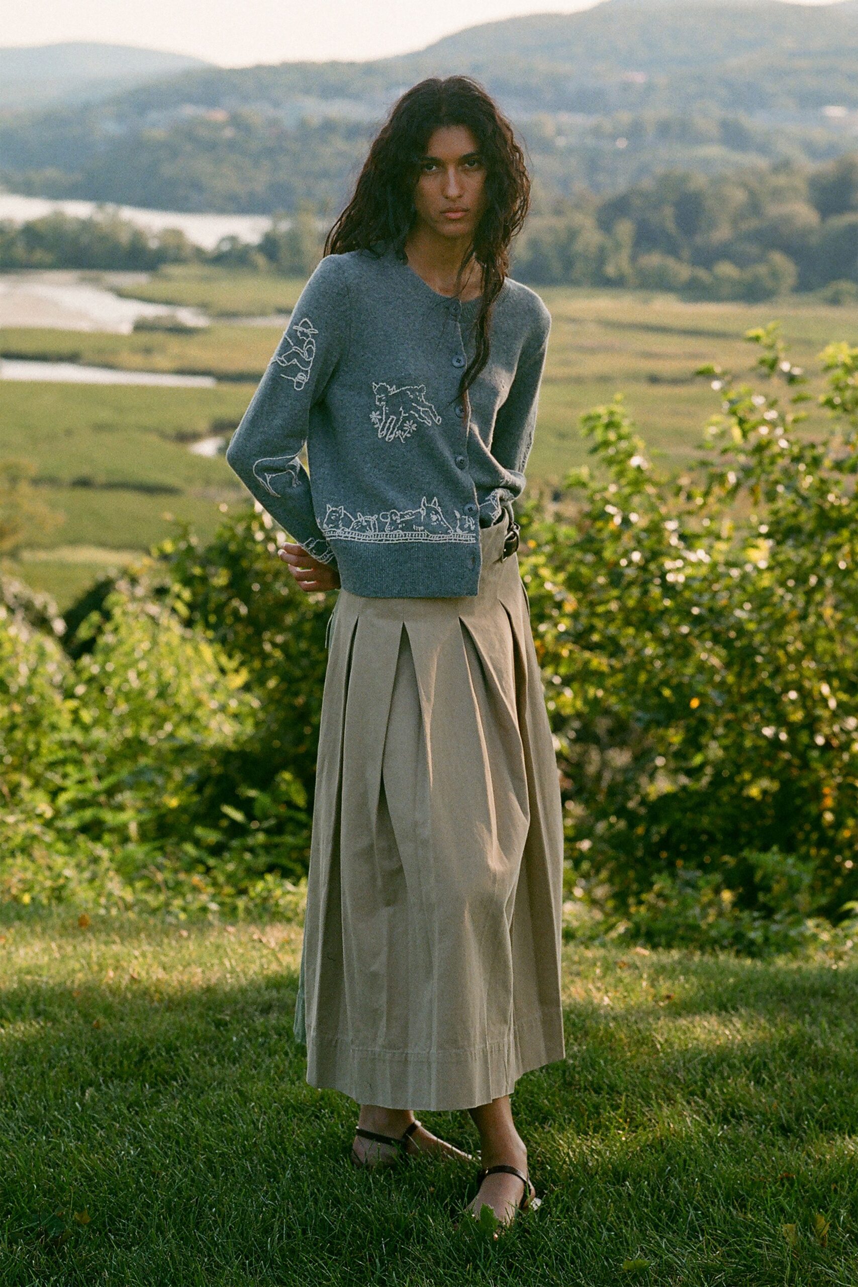 gray cotton long-sleeve v-neck relaxed embroidered sweater