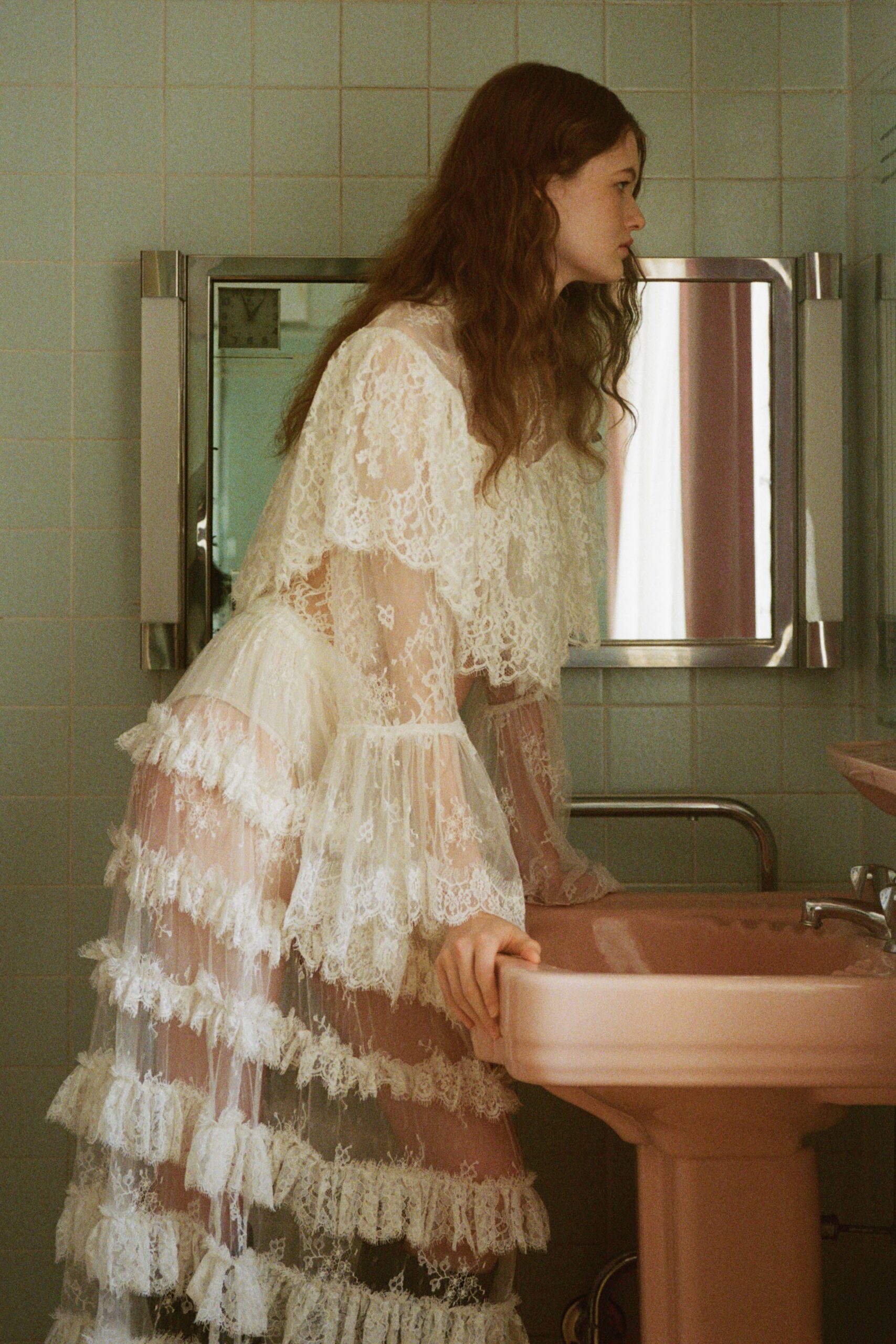 white lace ruffled maxi dress