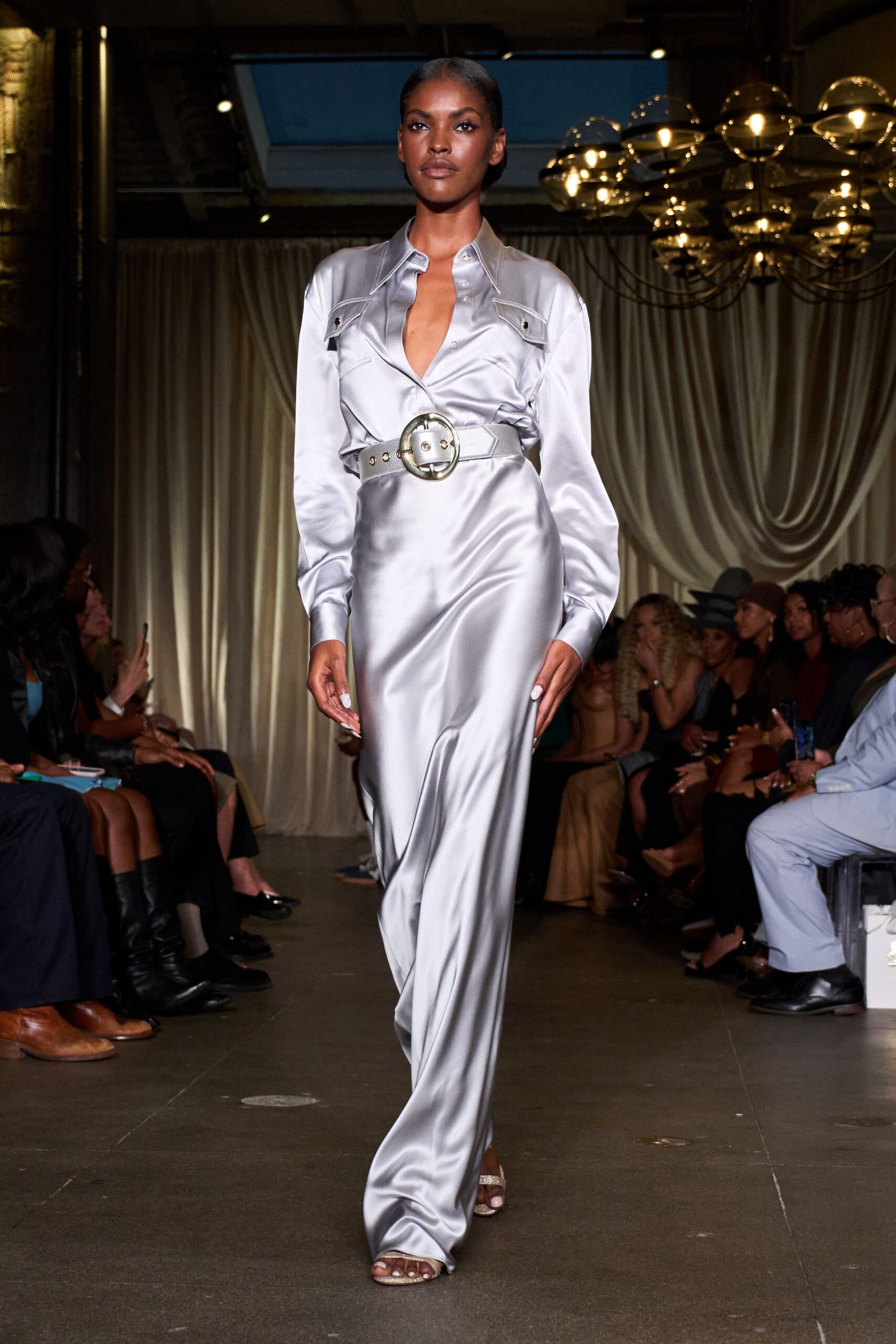 gray silk long-sleeve v-neck fitted belted shiny dress