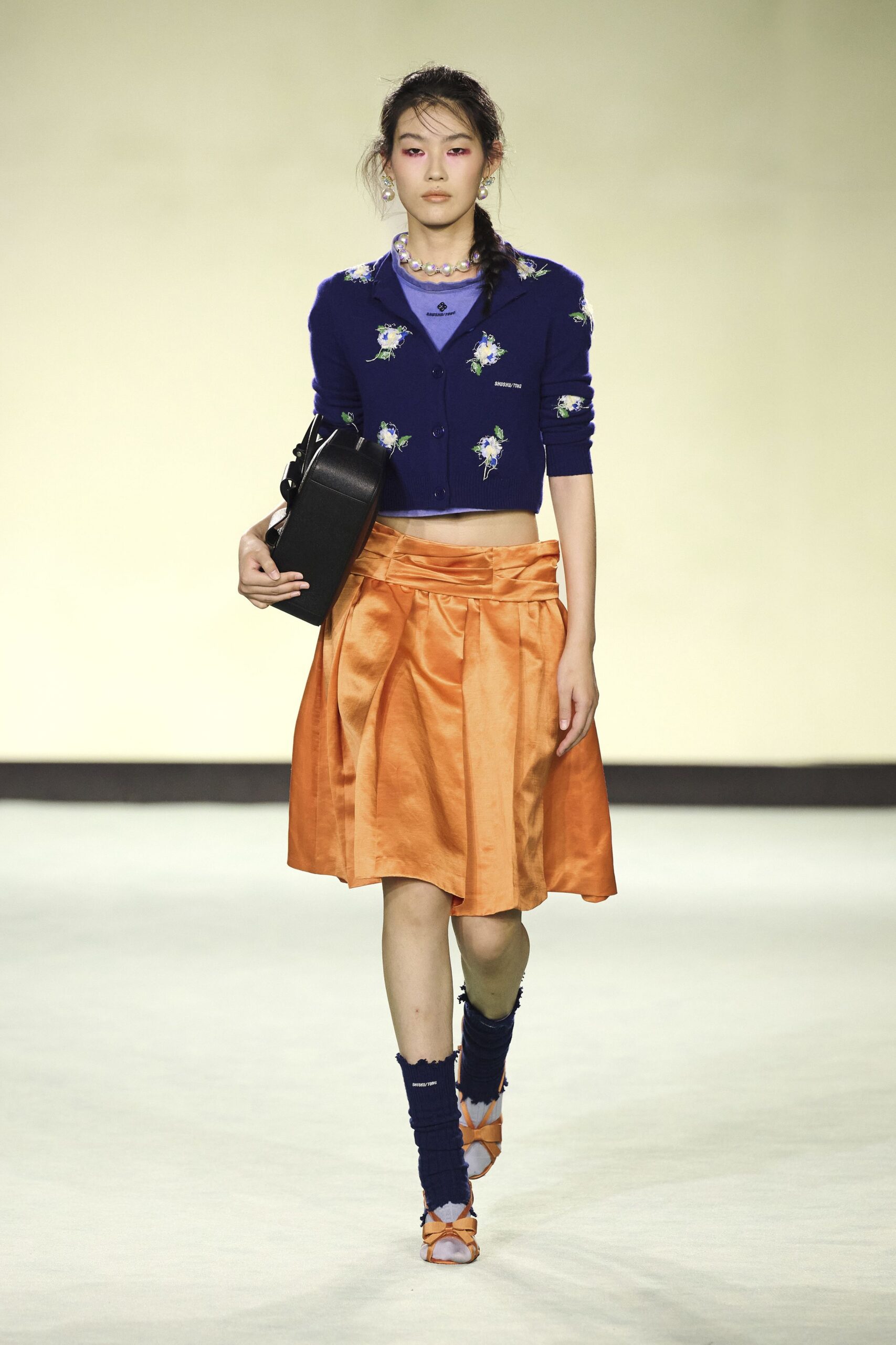 orange silk fitted pleated midi skirt