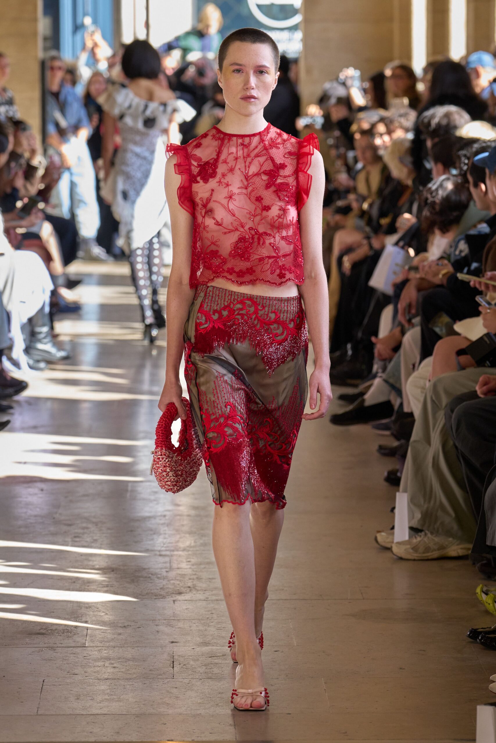 red lace sleeveless high-neck fitted embroidered sheer top