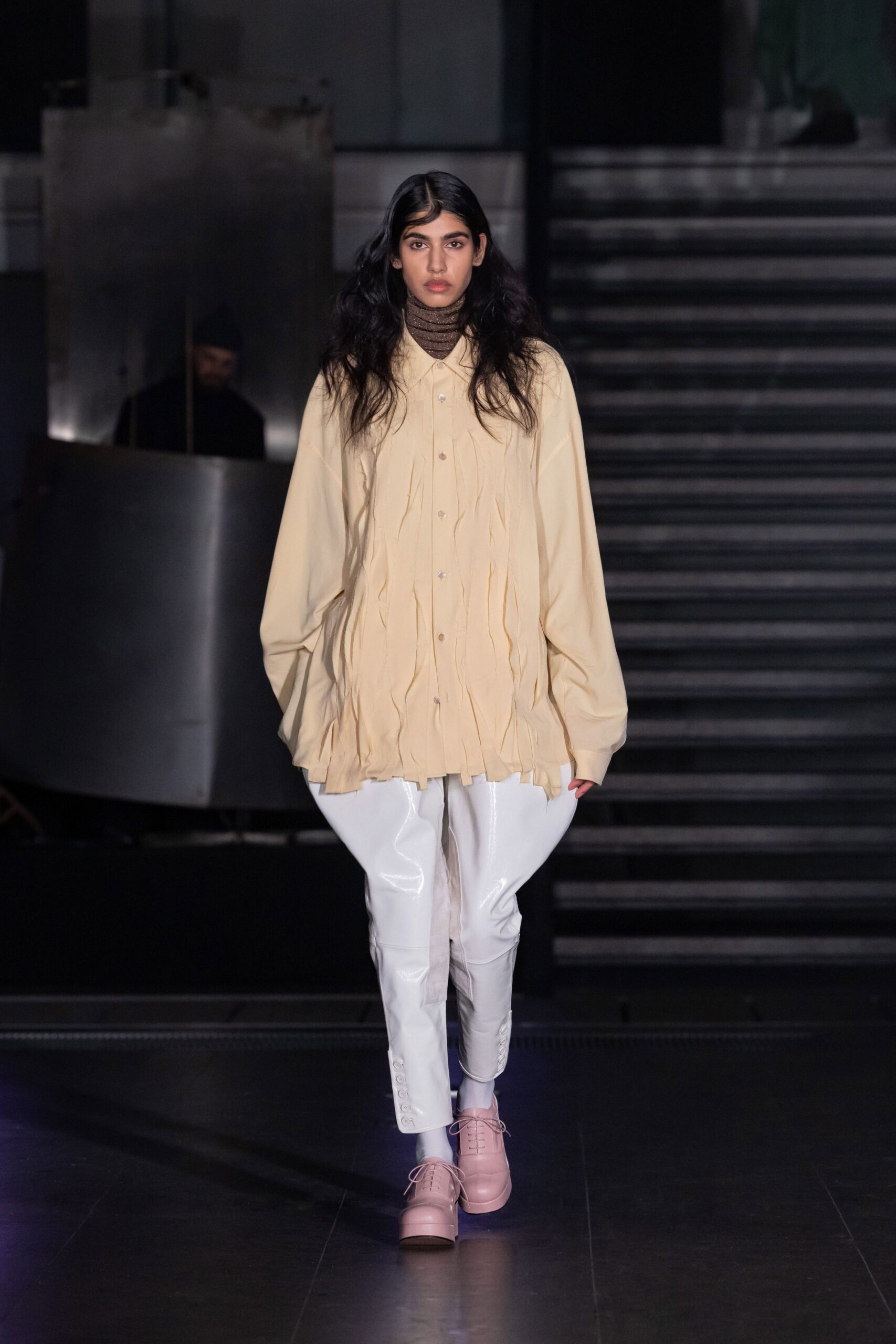 beige cotton long-sleeve collared oversized pleated shirt